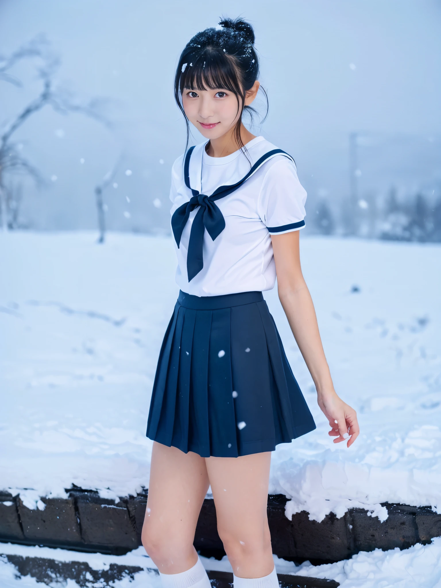 (in 8K、RAW Photos、top-quality、​masterpiece:1.2), (realisitic、Photorealsitic:1.37), ultra-detailliert, high resolution, 1girl in, a closeup, Raw feet, A dark-haired, black eyes, japanese, color contact lens, (beautiful legs:1.3), (slender girl:1.4), a beauty girl, (Thin legs:1.3), a sailor suit, , high-school girl, JK, Ultra mini skirt, Dark blue pleated skirt, Short socks, Tri-fold socks, white sock, (short sleeves:1.3), (black loafers shoes:1.3), Full body, (standing:1.2), (heavy snowing:1.1), (deep snow:1.1),(dark_skin:1.3),(tanned_skin:1.3)