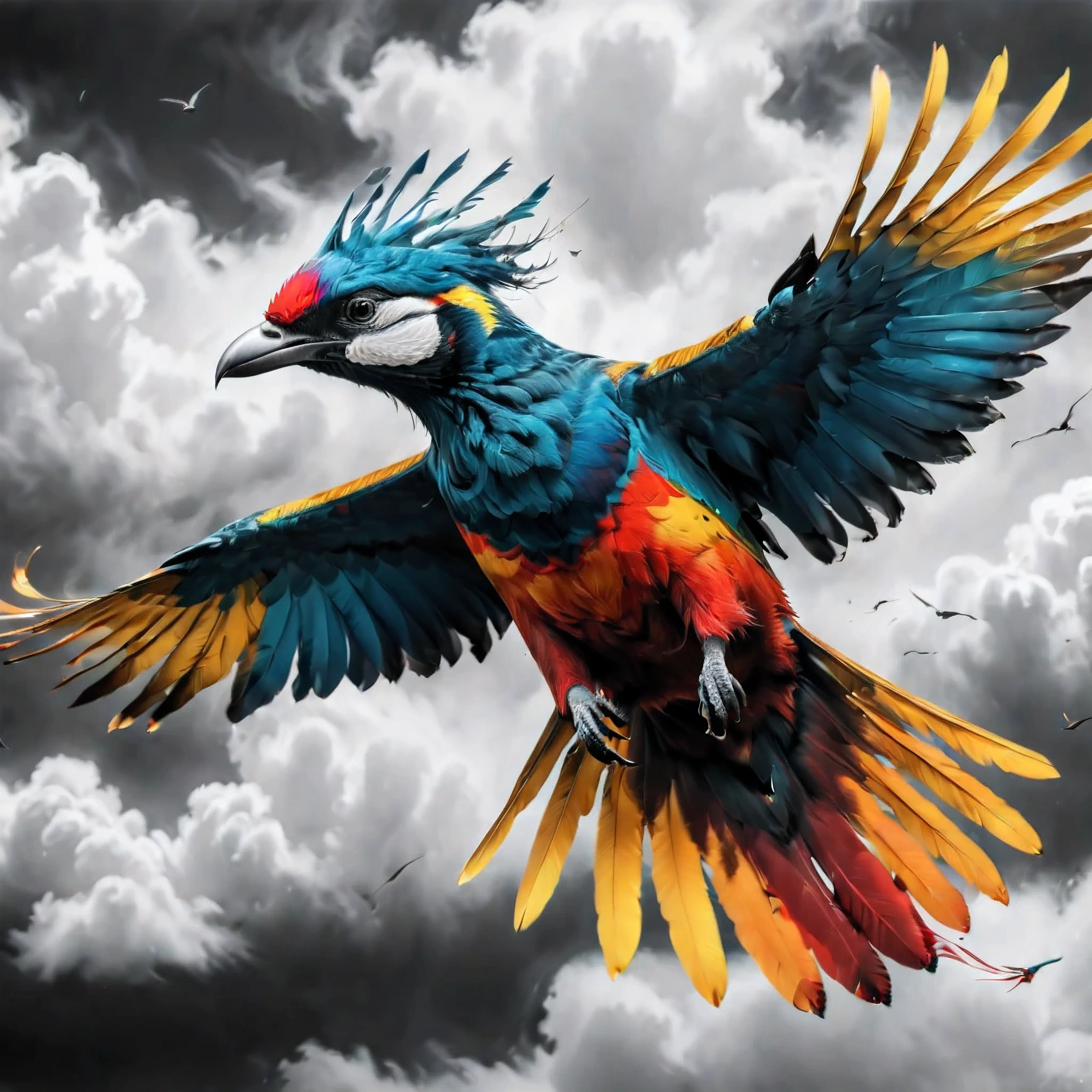 ((Selective color)), Drawing of Majestic Colorful Bird flying in the sky, smooth lines, fine art piece, Express expressions and postures through ink contrast, emphasize light, shadow and space. figurative art, (best quality, 4K, 8k, high resolution,masterpiece:1.2) ,(actual, photoactual, photo-actual:1.37).