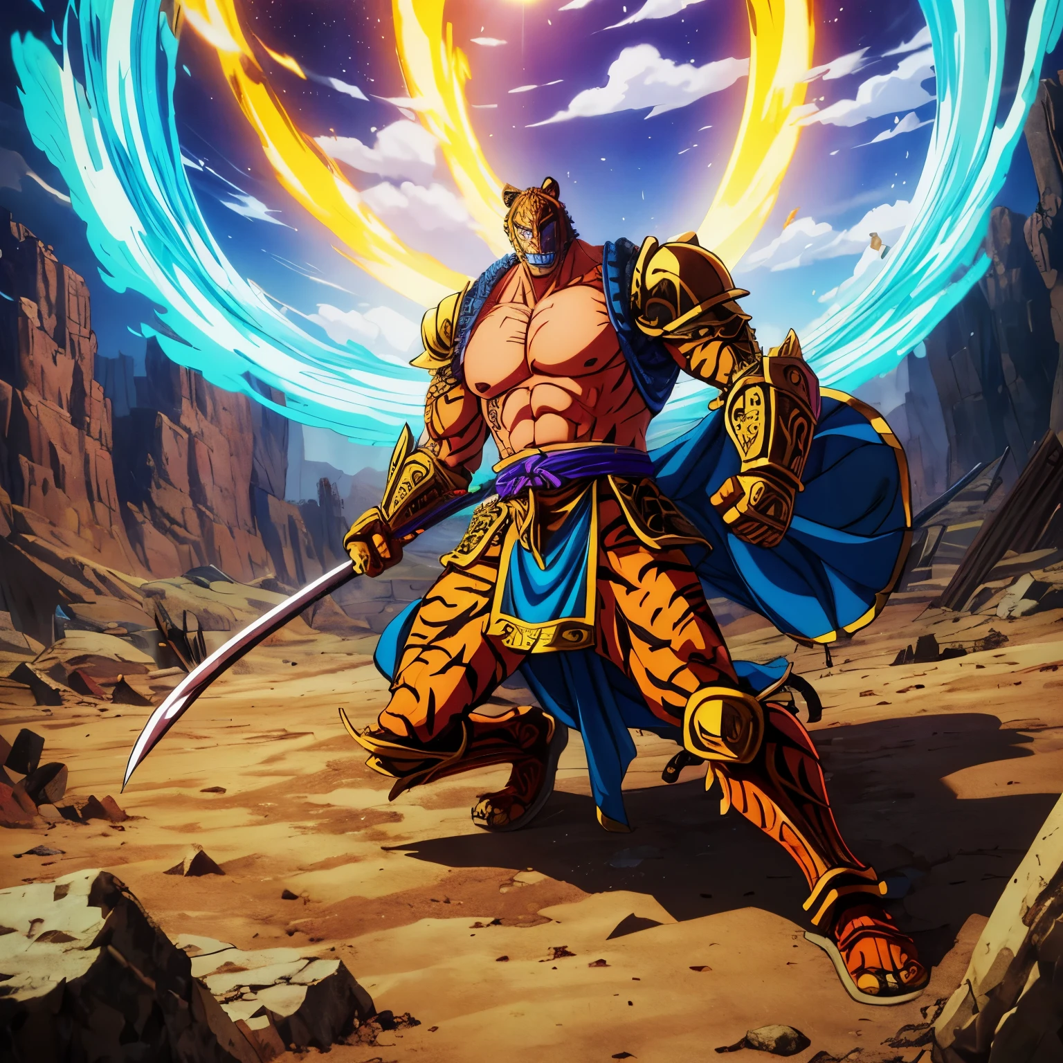 Tiger man, full body, armor, godly, realistic, epic, masterpiece, 8k, anime villain, sword 