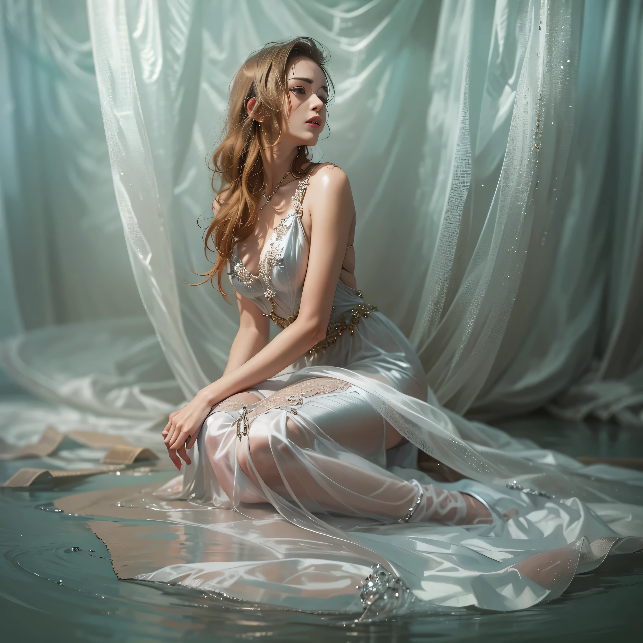 Beautiful woman in vey long translucent satin dress,dreamy background, kneel ,tied up