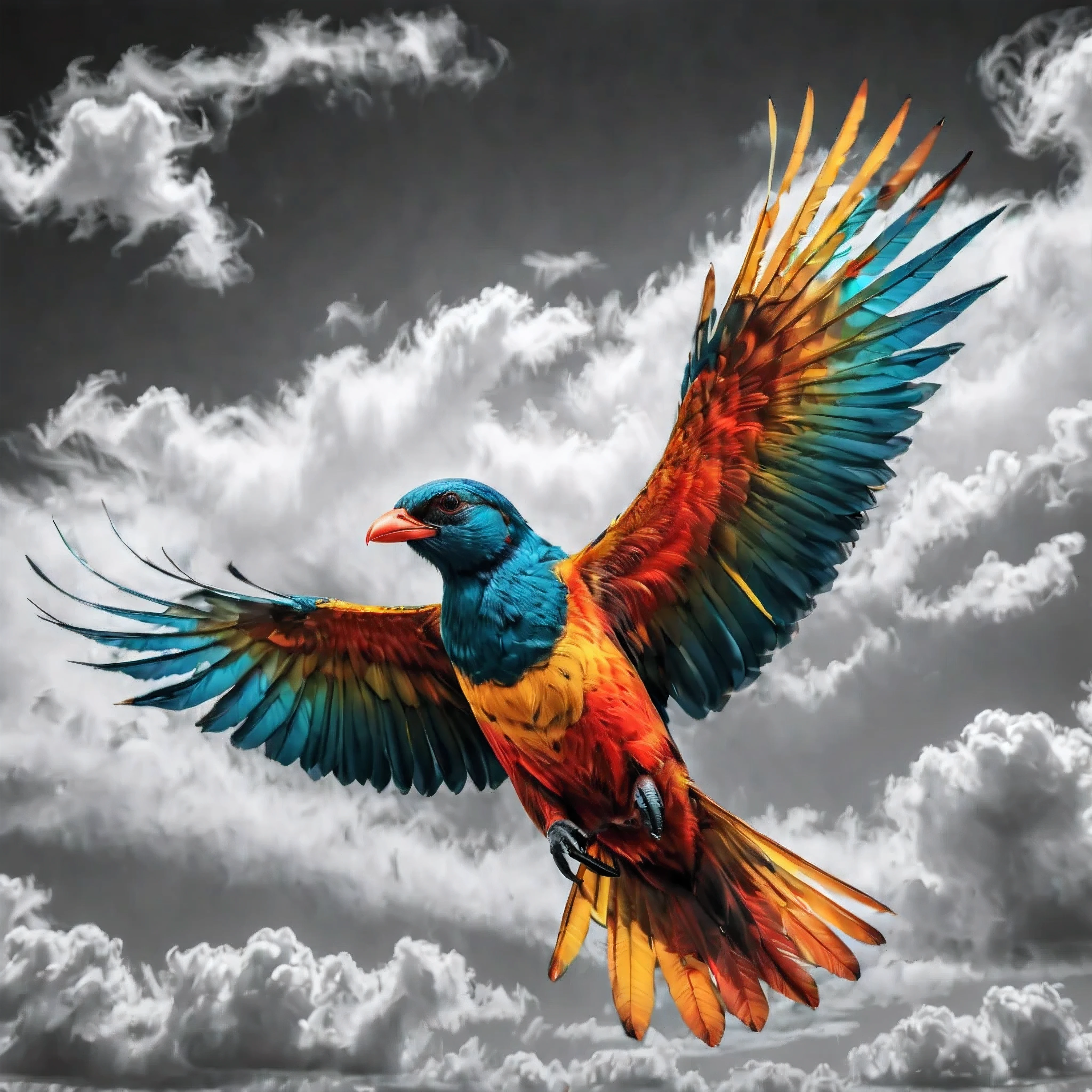 ((Selective color)), Drawing of Majestic Colorful Bird flying in the sky, smooth lines, fine art piece, Express expressions and postures through ink contrast, emphasize light, shadow and space. figurative art, (best quality, 4K, 8k, high resolution,masterpiece:1.2) ,(actual, photoactual, photo-actual:1.37). 