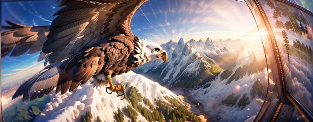 An eagle, Eagle is in the right corner pictured from the side, GoPro camera, eagle flying over mountains, epic view, GoPro is mounted on the back of an eagle, majestic eagle with a GoPro mounted on its back, GoPro camera mounted, majestic eagle, epic eagle, taking the picture, best quality, ultra-detailed, realistic, sunny weather, masterpiece, sharp focus, vivid colors, studio lighting, HDR, mountain peaks in snow.