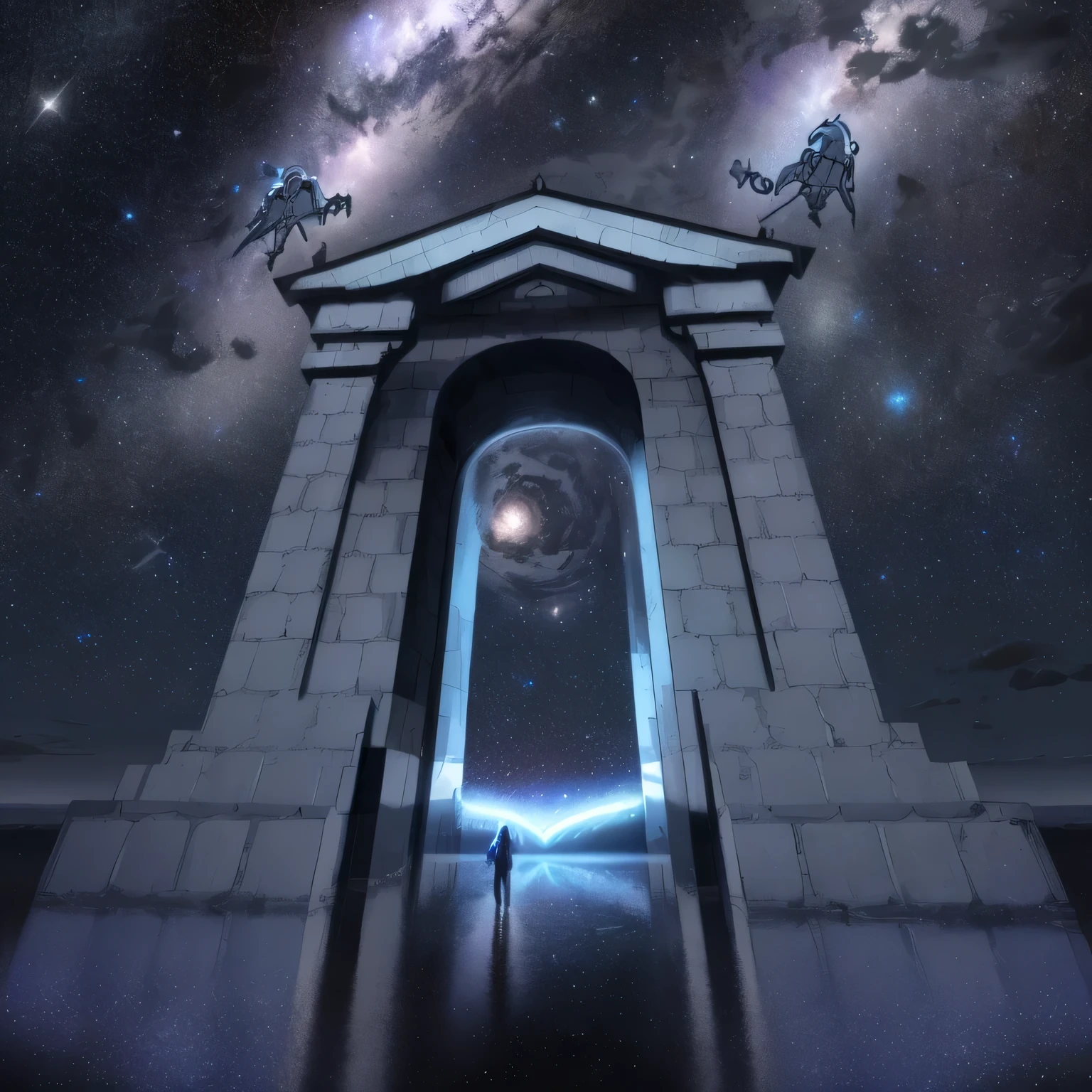 magic portal, en un planeta alien, se ven el cumulo de estrellas y planetas en el cielo, un hombre con armadura tecnologica, HD, Obra maestra, preciso, Super detail, detalles altos, Alta calidad, premiado, Mejor calidad, high resolution