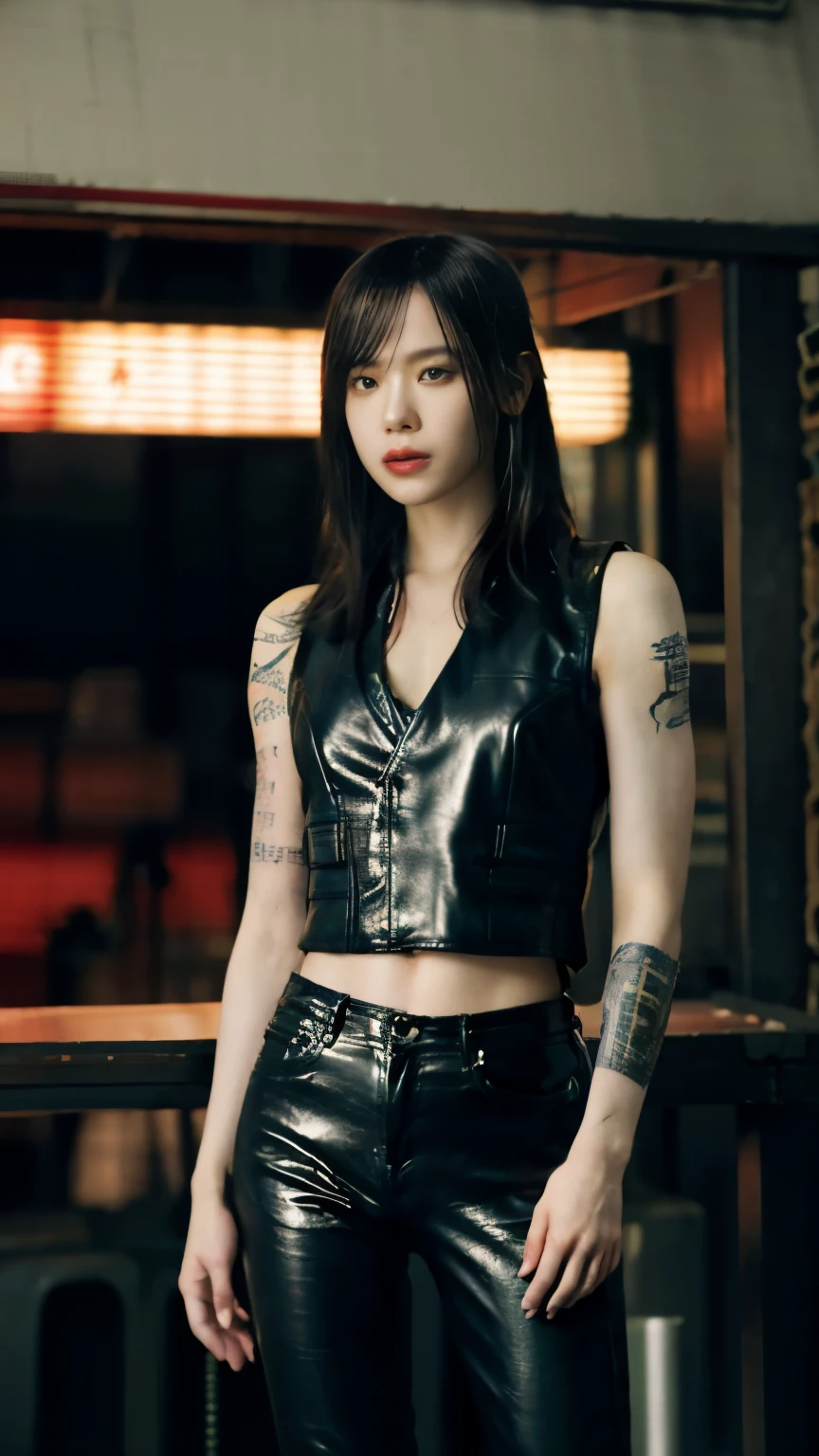 highest quality，masterpiece，Super detailed，8K, UHD，Beautiful woman，japanese woman，No expression，(Topless)，whole body，((tattoo))，slim，black leather pants，black leather vest，(female mafia)，gangster，(cyberpunk city)，night，cinematic lightening，movie poster，underworld