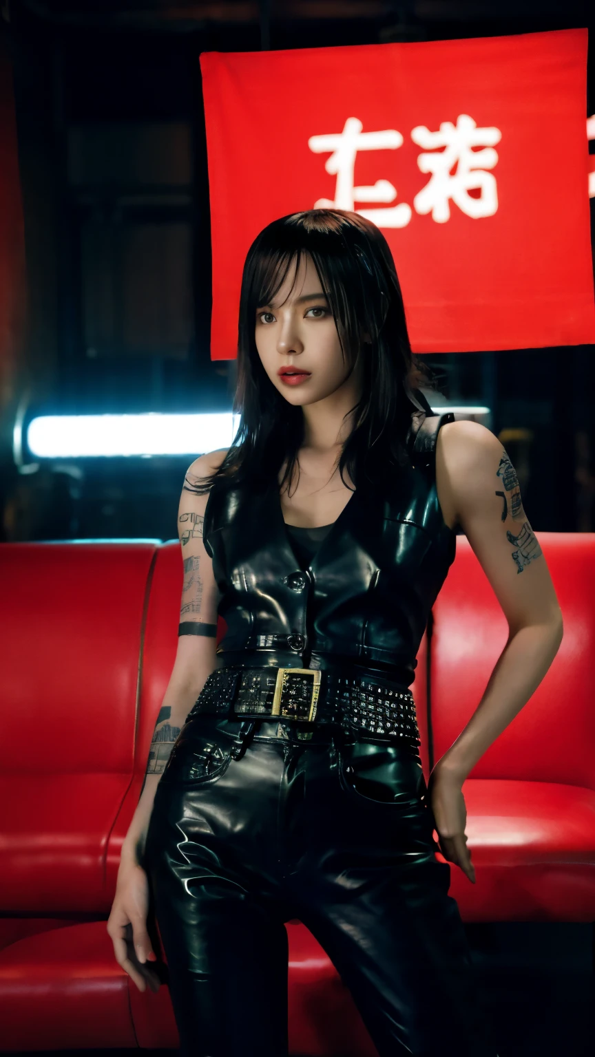 highest quality，masterpiece，Super detailed，8K, UHD，Beautiful woman，japanese woman，No expression，(Topless)，whole body，((tattoo))，slim，black leather pants，black leather vest，(female mafia)，gangster，(cyberpunk city)，night，cinematic lightening，movie poster，underworld