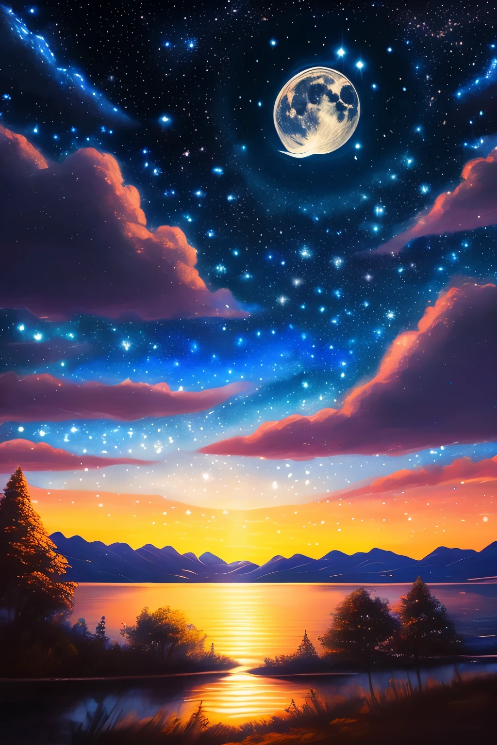 (best quality,highres,ultra-detailed,masterpiece:1.2),star-filled sky,large moon,feeling of peace and tranquility,vivid colors,night scene,fine details,serene atmosphere,soft lighting,calming ambiance,starry night,luminous moonlight