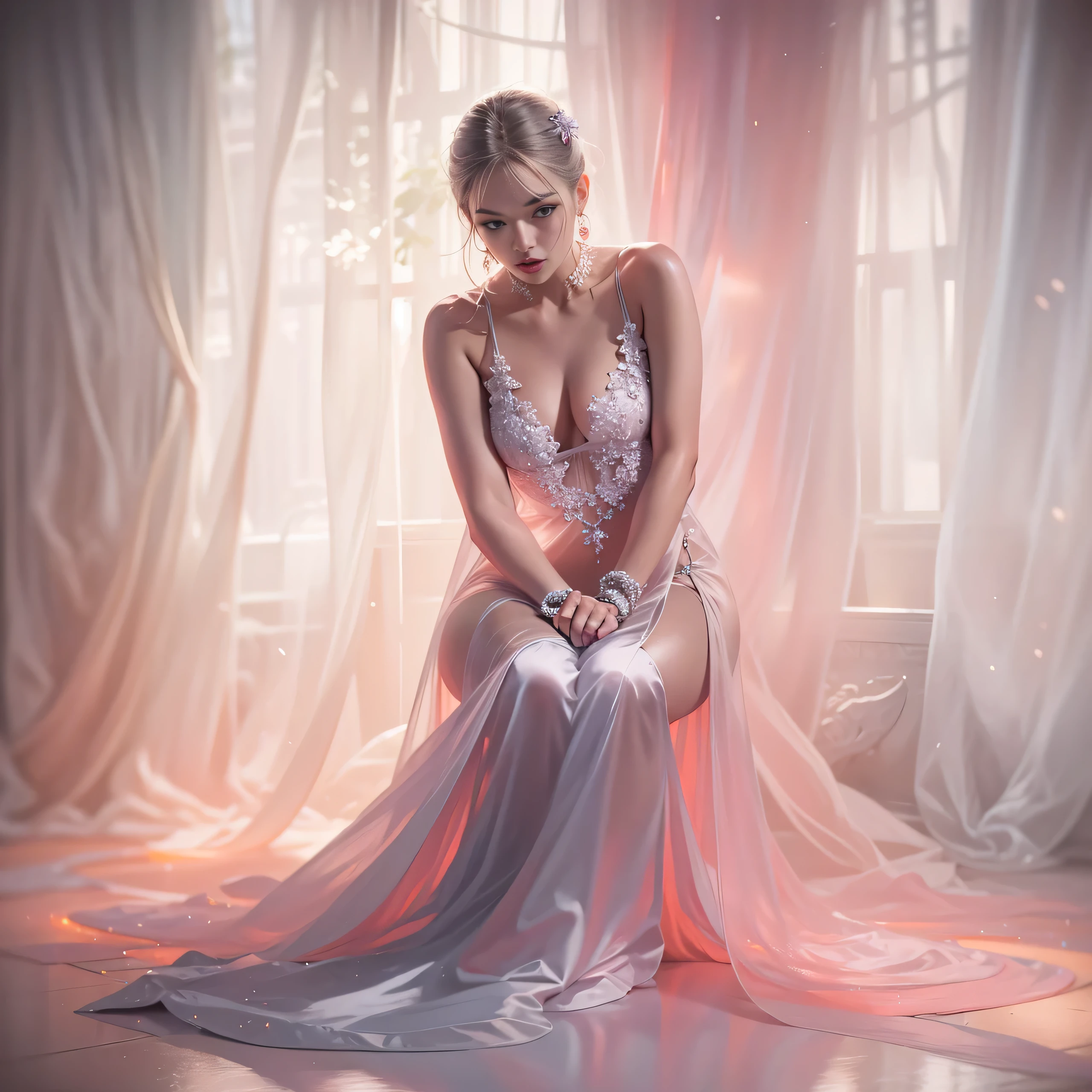 Beautiful woman in vey long translucent satin dress,dreamy background, kneel ,tied up