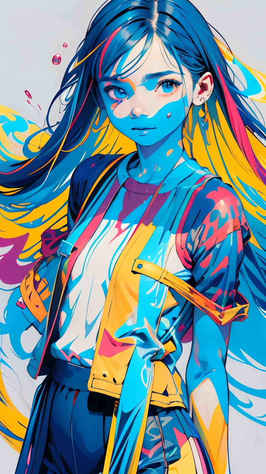 (Super detailed,ultra high resolution,detailed background),((2D)),((flat color)),((colorful)),((floating colorful water)),1 girl,alone,looking at the viewer,break