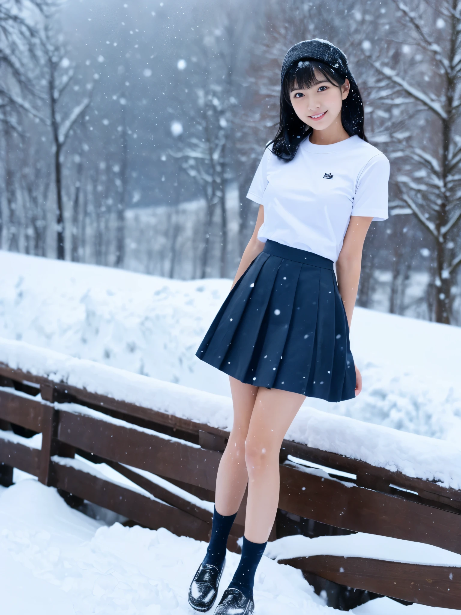 (in 8K、RAW Photos、top-quality、masterpiece:1.2), (realisitic、Photorealsitic:1.37), ultra-detailliert, high resolution, 1girl in, a closeup, Raw feet, A dark-haired, black eyes, japanese, color contact lens, (beautiful legs:1.3), (slender girl:1.4), a beauty girl, (Thin legs:1.3), a sailor suit, , high-school girl, JK, Ultra mini skirt, Dark blue pleated skirt, Short socks, Tri-fold socks, white sock, (short sleeves:1.3), (black loafers shoes:1.3), Full body, (standing:1.2), (heavy snowing:1.1), (deep snow:1.1),(dark_skin:1.3),(tanned_skin:1.3)