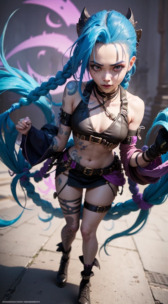 Jinx, Arcane, crazy, close up photograph,Full body photo。