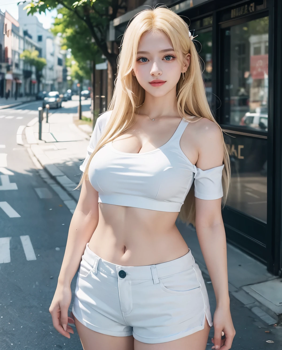 1girl, Blue eyes, (smile), (Sana Minatozaki), (white mini shorts :1.4), bright makeup, (wide hips :1.3), Big , (big ass), (Best Quality, 8k, Masterpiece: 1.3), perfect hands, Clear Focus: 1.2, Perfect Body Beauty: 1.4, Highly detailed face and skin texture, detailed eyes, double eyelids, (blonde long straight hair :1.3), (cleavage t-shirt), (standing), waving at the camera,on a busy street