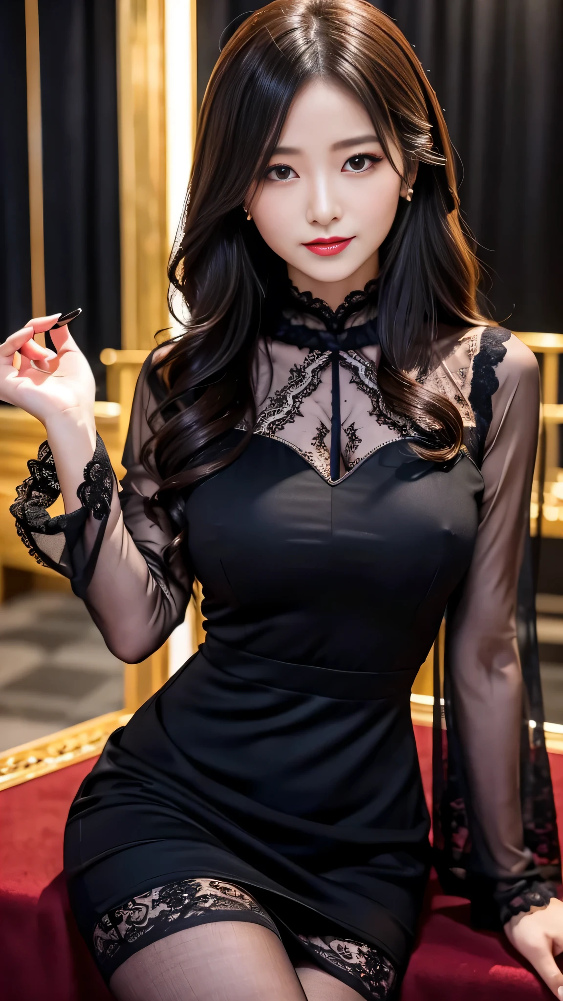 Super detailed、Japanese、charming beauty、seductive adult woman、Beautiful woman、sharp eyes、cool girl、wavy hair、suit、Black chiffon、lace fabric、wide sleeve、wearing a lace insert dress、white blouse、Tight Skirt、flesh colored pantyhose、Lustrous legs、evilの幹部、evil depravity、brainwashing、Mind control、lipstick、grin、evilな表情、evil、empty eyes、evil、church at night、reach out your hand