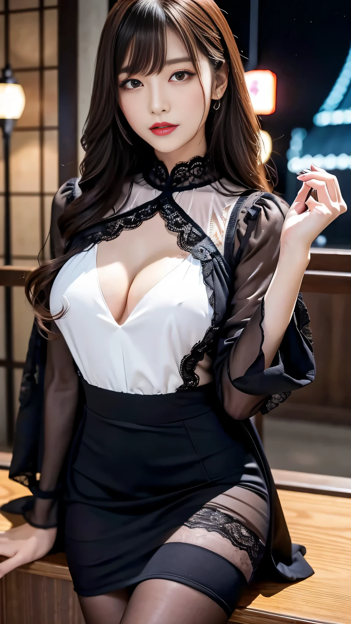 Super detailed、Japanese、charming beauty、seductive adult woman、Beautiful woman、sharp eyes、cool girl、wavy hair、suit、Black chiffon、lace fabric、wide sleeve、wearing a lace insert dress、white blouse、Tight Skirt、flesh colored pantyhose、Lustrous legs、evilの幹部、evil depravity、brainwashing、Mind control、lipstick、grin、evilな表情、evil、empty eyes、evil、church at night、reach out your hand
