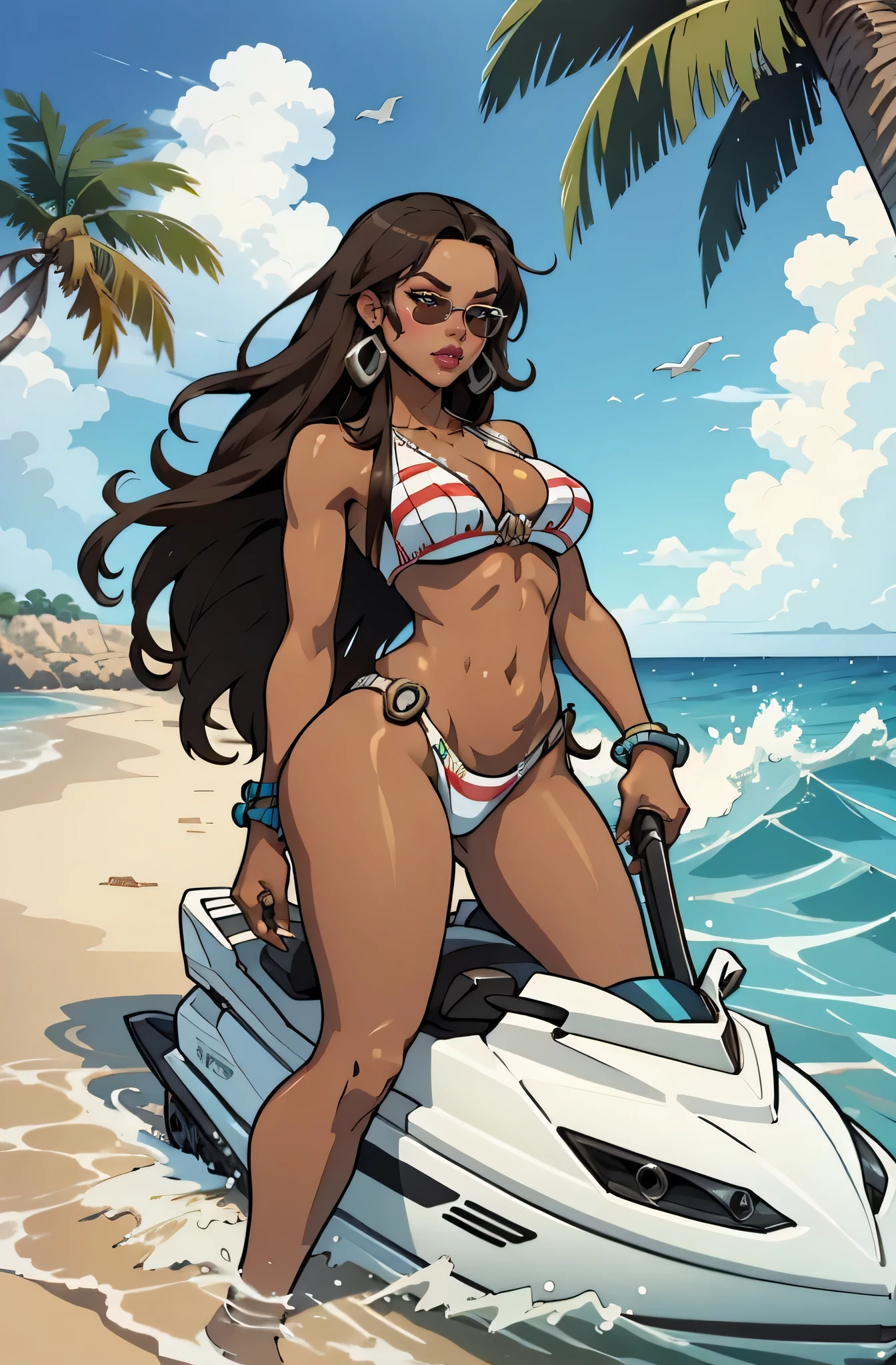 on a jetski in the sea (a 35 year old woman) brown skin, solo, 1 girl,, african long hair, super detailed, modern style, wearing white gucci bikini and chanel sunglasses