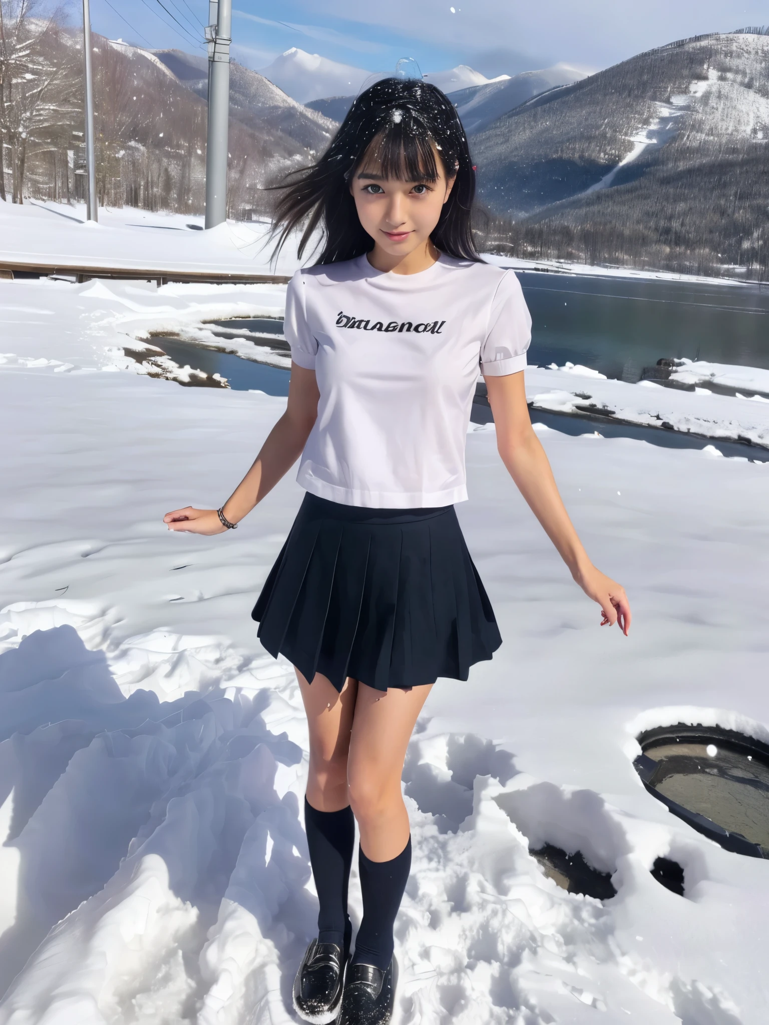 (in 8K、RAW Photos、top-quality、masterpiece:1.2), (realisitic、Photorealsitic:1.37), ultra-detailliert, high resolution, 1girl in, a closeup, Raw feet, A dark-haired, black eyes, japanese, color contact lens, (beautiful legs:1.3), (slender girl:1.4), a beauty girl, (Thin legs:1.3), a sailor suit, , high-school girl, JK, Ultra mini skirt, Dark blue pleated skirt, Short socks, Tri-fold socks, white sock, (short sleeves:1.3), (black loafers shoes:1.3), Full body, (standing:1.2), (heavy snowing:1.1), (deep snow:1.1),(dark_skin:1.3),(tanned_skin:1.3)