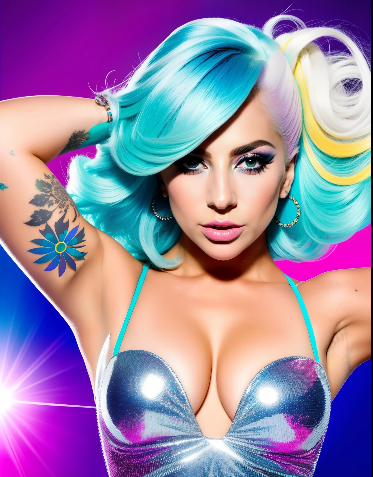 Lady GaGa EMA froz,cuerpo completo,textura 4K, cabello largo y de colores, calidad alta, cuerpo completo,varias poses corporales,rostro realista en 8k,peinado extravagante, Original album cover, imagen 8k, futurista, alta calidad de imagen, en la noche, accesorios en el cabello, imagen 8k, rostro realista en alta calidad, cuerpo completo, diferentes poses corporales, alta calidad en el rostro, rasgos definidos,HD, rostro realista y definido 4k, dramatic poses