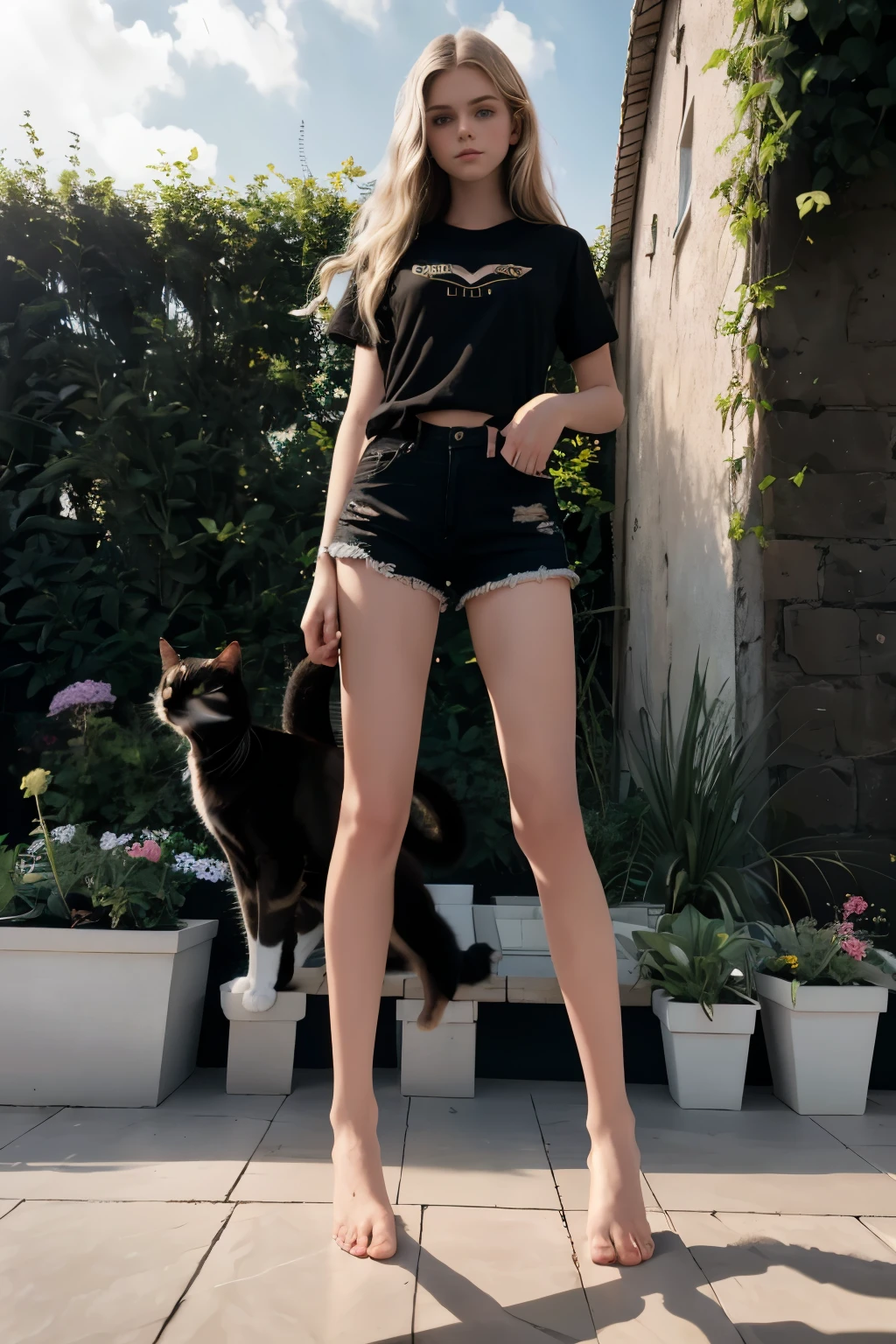 masterpiece, best quality, hyperrealistic, cinematic photo, 14 year old girl, pale skin, Americn amazing slim body, Black t-shirt, thight black denim shorts, bare foot, long blonde wavy hair, perfect slender legs, perfect hands, beautiful face, perfect face, youthful, (blured background), modern style, from below, (low-angle shoot), low_angle_human, towering, (full body shot), standing, leaning, underneath shot, (view viewer), looking at viewer,(8k, epic composition, photorealistic, sharp focus), sophisticated background, on garden next to a small cat, black kitty, DSLR, foil grain, backlight