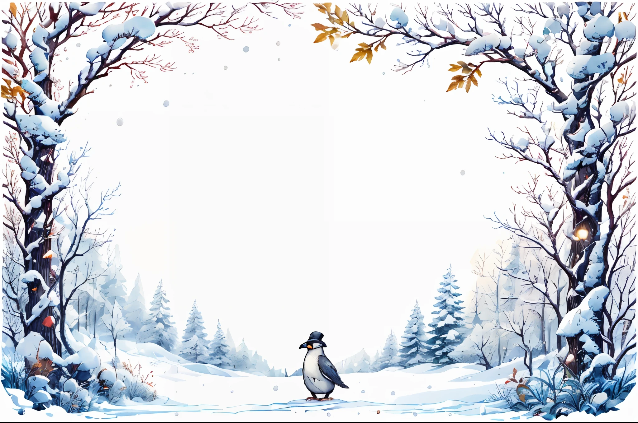 Winter Frame,autumn,bare tree,bear,bird,branch,earmuffs,full body,hat,ice,leaf,no humans,outdoors,painting \(medium\),palm tree,penguin,pine tree,plant,signature,smile,snow,snowflakes,snowing,snowman,standing,traditional media,tree,watercolor \(medium\),window,winter,blank middle