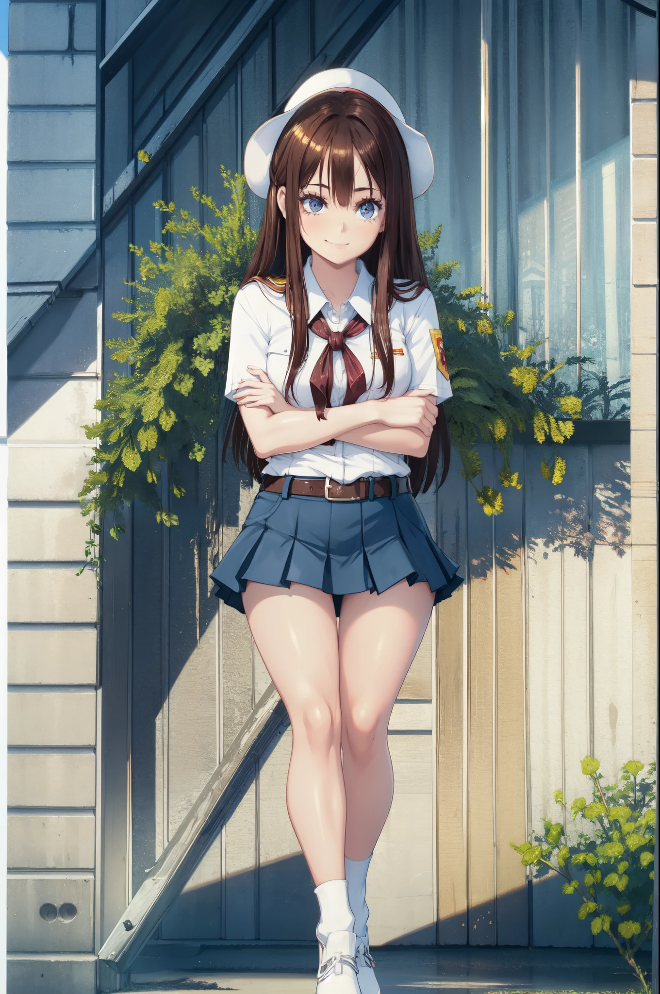 8k, high detailed picture, solo, very young girl, long brown straight hair, big luminous brown eyes, rounded face, shy, plump smiling lips, looking at you, perfect small breast, whole body, slim body, MFBP1, parororo, simple white background, holding book, wearing in blue pleated miniskirt and white short sleeve shirt, soviet pioneer red neckchief, a short fragile girl, sashagrey 