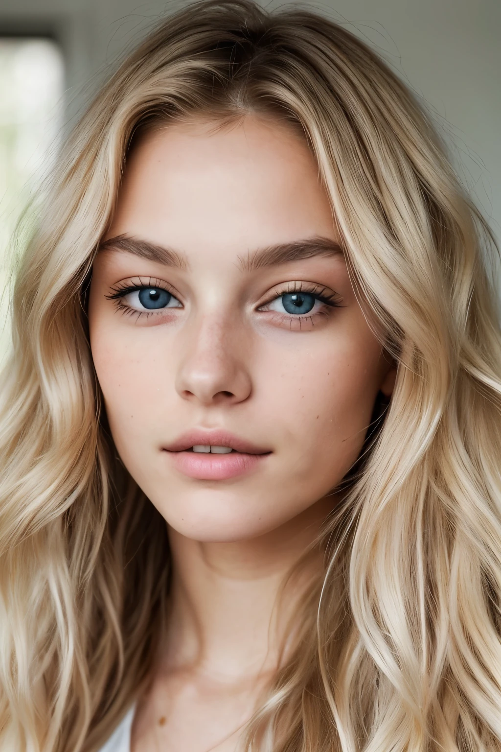 A portrait of a twenty-two-year-old French Instagram girl with long, wavy blonde hair gazes directly at the camera. The RAW style image showcases ultra-detailed soft skin texture, with imperfections adding to her natural charm. Her tired, yet captivating eyes complement the overall allure of this enchanting young woman.