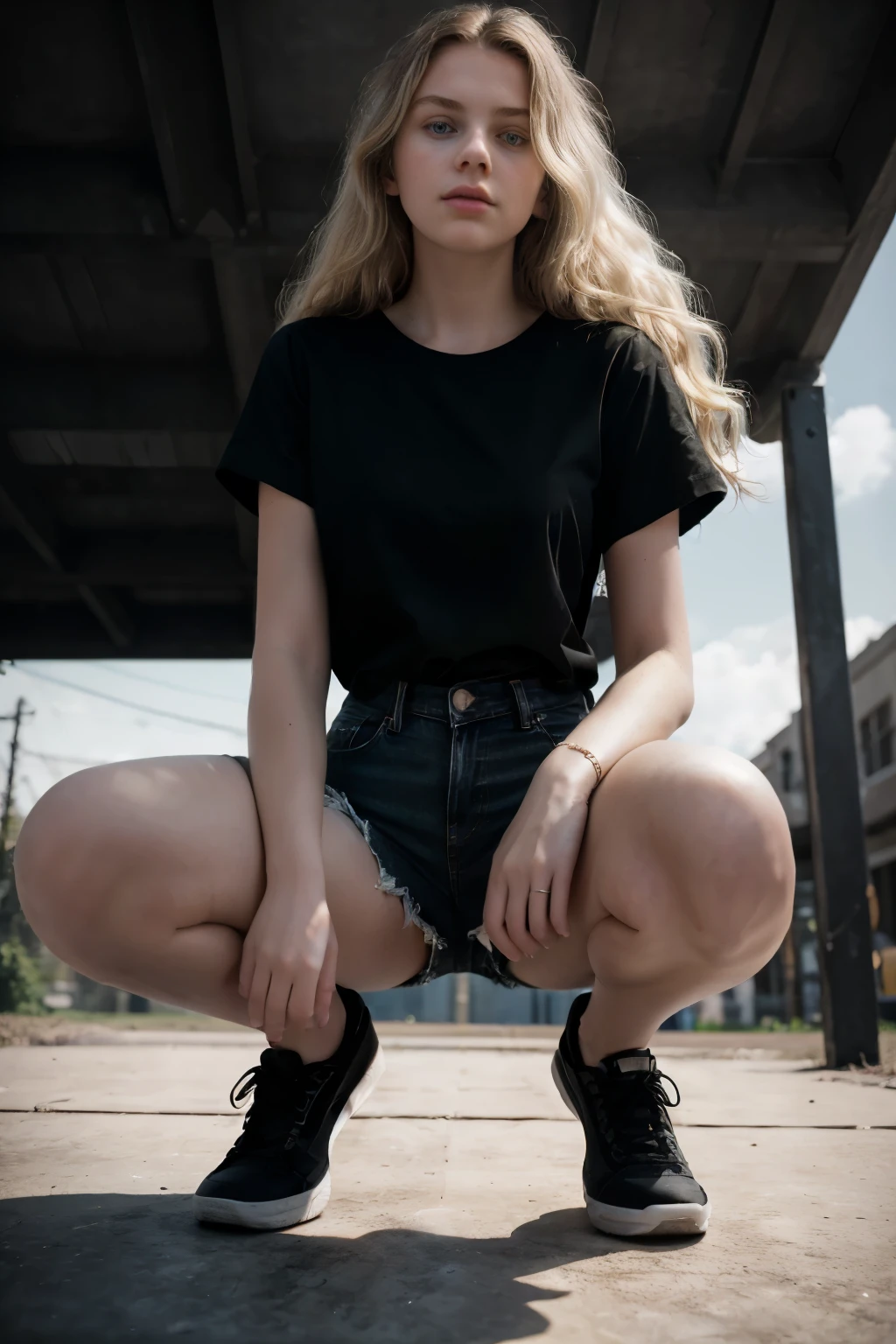 masterpiece, best quality, hyperrealistic, cinematic photo, 14 year old girl, pale skin, Americn amazing slim body, Black t-shirt, thight black denim shorts, bare foot, long blonde wavy hair, perfect thick legs, wide hips, perfect hands, beautiful face, perfect face, youthful, (blured background), modern style, from below, (low-angle shoot), low_angle_human, towering, (full body shot), squatting, underneath shot, (view viewer), looking at viewer,(8k, epic composition, photorealistic, sharp focus), sophisticated background, on a old playground, sad filtre, dark tones, DSLR, foil grain, backlight