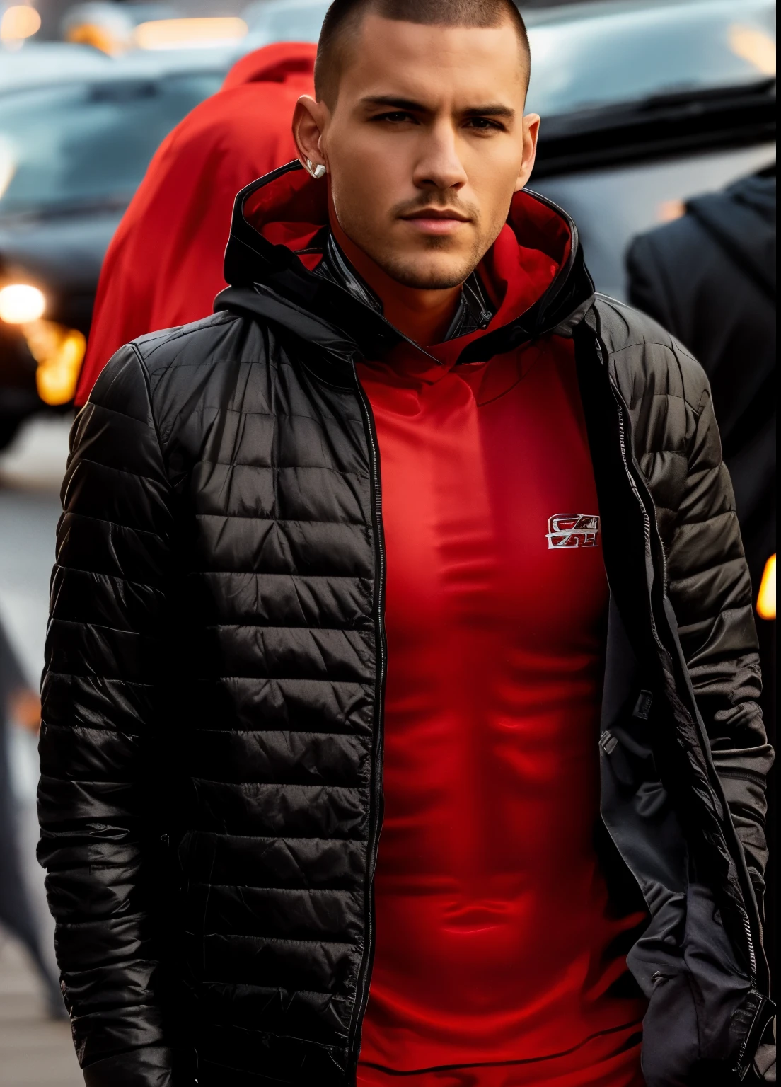 man with a red hood and black jacket walking down the street, reflective look, among the cars, hyper-detailed photo, buzzcut