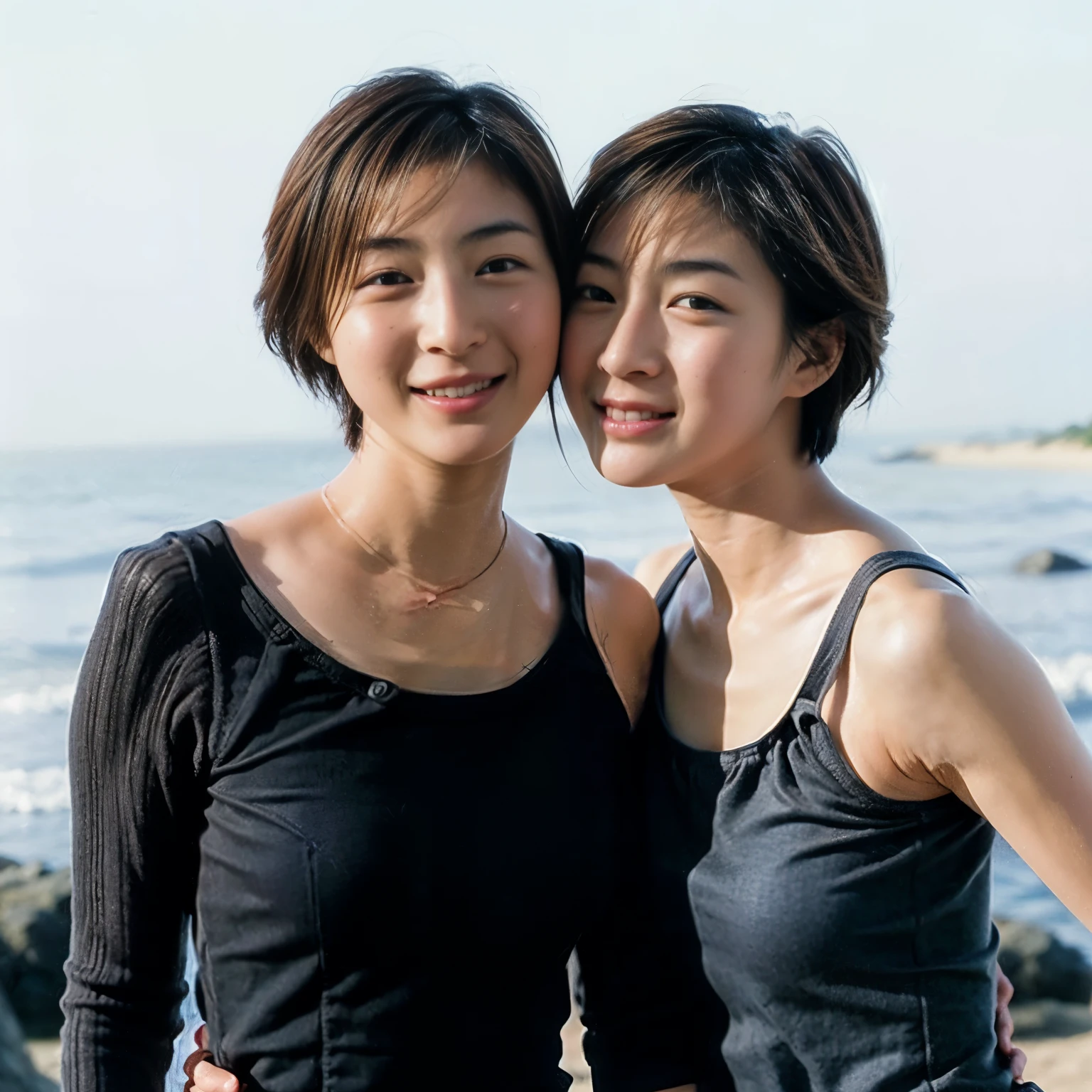 two girls kissing,  Classmate, French kiss, , , Upper body, Japanese, 16realistic, beautiful and detailed face, viewer, simple background,,  smile。summer dress, short hair,  beach, hair scrunchie, low contrast, highest quality, ultra high resolution, photo-realistic, super detailed, 8k, RAW photo,