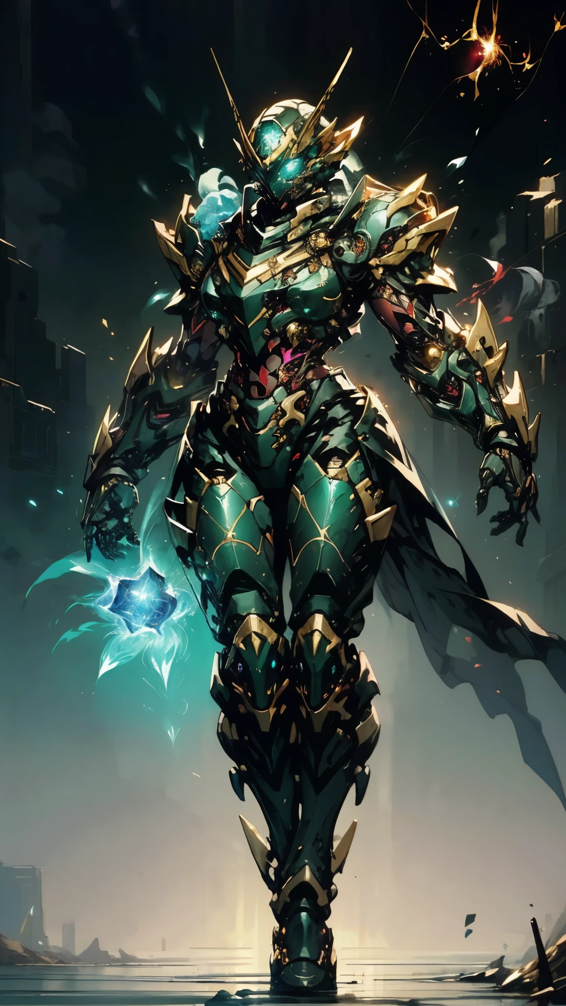 A woman adorned in fantasy-style full-body armor, a crown-concept fully enclosed helmet that unveils only her eyes, a composite layered chest plate, fully encompassing shoulder and hand guards, a lightweight waist armor, form-fitting shin guards, the overall design is heavy-duty yet flexible, (the armor gleams with a golden glow, complemented by red and blue accents), exhibiting a noble aura, she floats above a fantasy-surreal high-tech city, this character embodies a finely crafted fantasy-surreal style armored hero in anime style, exquisite and mature manga art style, (mixture of Queen bee and Spider concept Armor, plasma), ((Element, elegant, goddess, femminine:1.5)), metallic, high definition, best quality, highres, ultra-detailed, ultra-fine painting, extremely delicate, professional, anatomically correct, symmetrical face, extremely detailed eyes and face, high quality eyes, creativity, RAW photo, UHD, 32k, Natural light, cinematic lighting, masterpiece-anatomy-perfect, masterpiece:1.5
