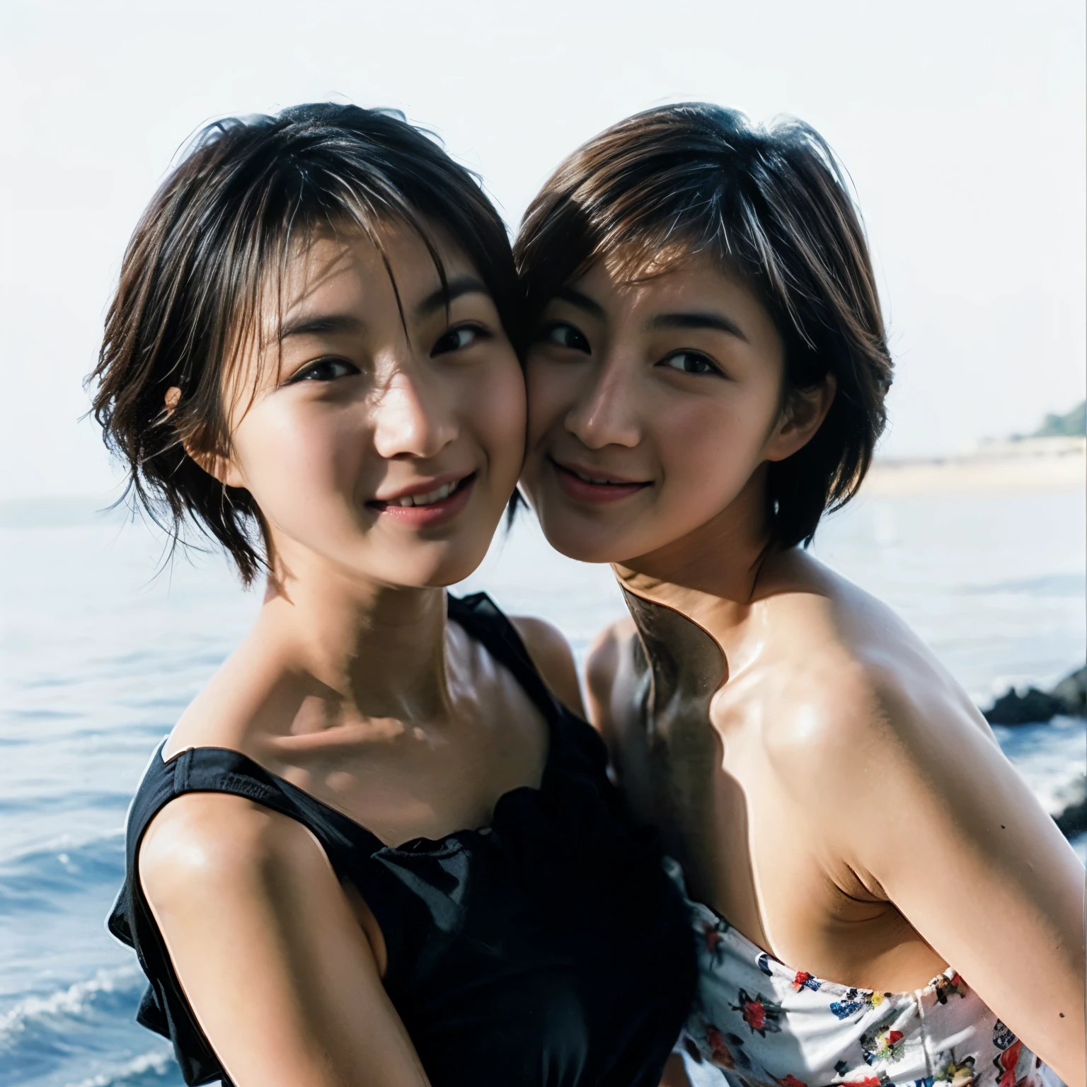 two girls kissing,  Classmate, French kiss, , , Upper body, Japanese, 16realistic, beautiful and detailed face, viewer, simple background,,  smile。summer dress, short hair,  beach, hair scrunchie, low contrast, highest quality, ultra high resolution, photo-realistic, super detailed, 8k, RAW photo,