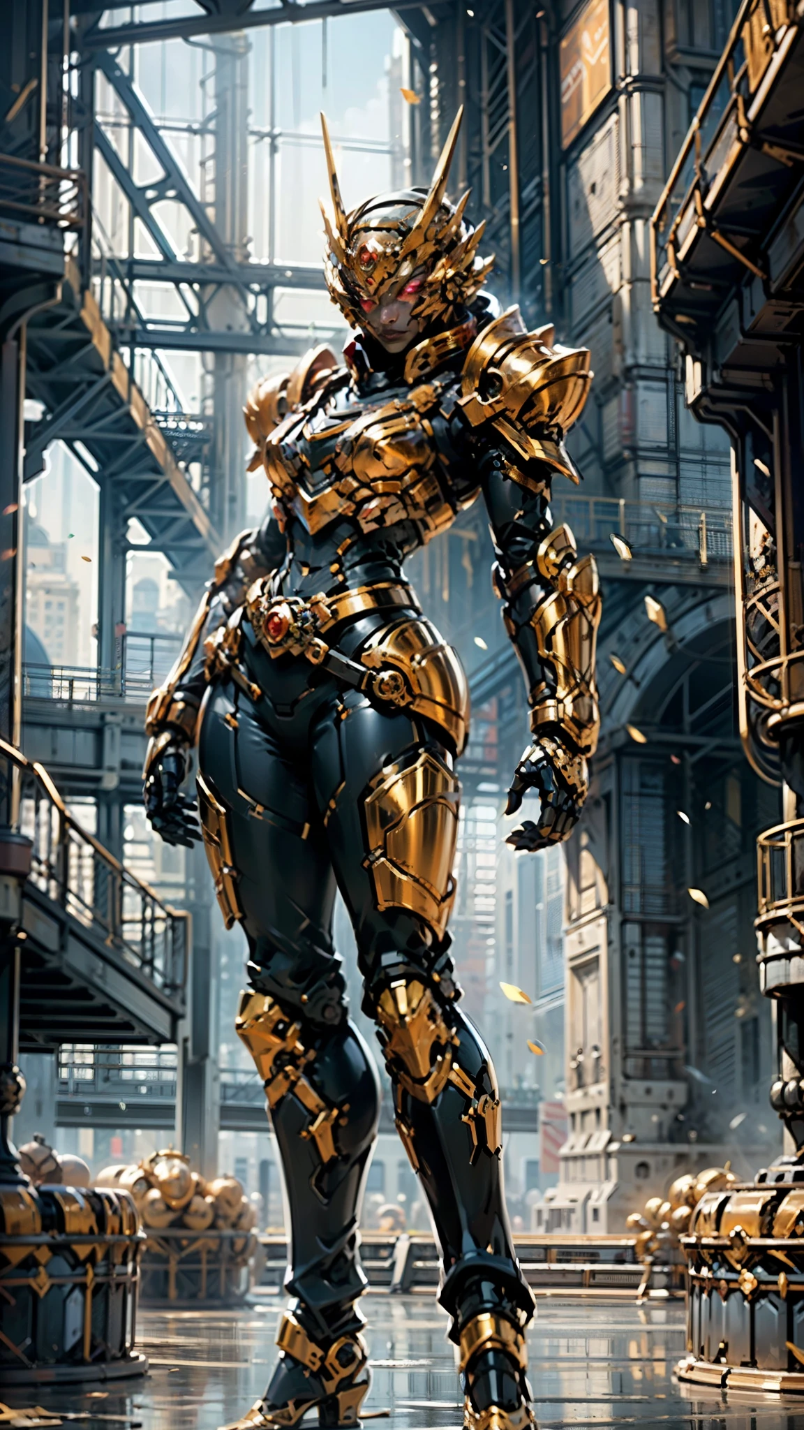A woman adorned in fantasy-style full-body armor, a crown-concept fully enclosed helmet that unveils only her eyes, a composite layered chest plate, fully encompassing shoulder and hand guards, a lightweight waist armor, form-fitting shin guards, the overall design is heavy-duty yet flexible, (the armor gleams with a golden glow, complemented by red and blue accents), exhibiting a noble aura, she floats above a fantasy-surreal high-tech city, this character embodies a finely crafted fantasy-surreal style armored hero in anime style, exquisite and mature manga art style, (mixture of Queen bee and Spider concept Armor, plasma), ((Element, elegant, goddess, femminine:1.5)), metallic, high definition, best quality, highres, ultra-detailed, ultra-fine painting, extremely delicate, professional, anatomically correct, symmetrical face, extremely detailed eyes and face, high quality eyes, creativity, RAW photo, UHD, 32k, Natural light, cinematic lighting, masterpiece-anatomy-perfect, masterpiece:1.5