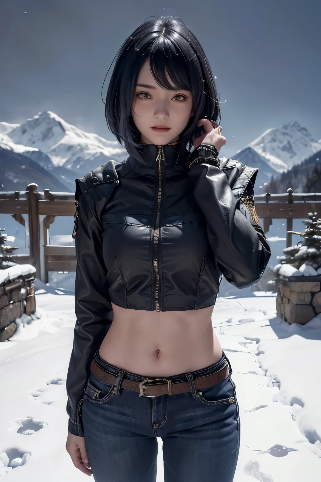 long sleeved puffer parka, long jeans, belt, ((midriff, navel)), looking at viewer, garden, mountains, smile, ((cinematic lighting, masterpiece, anatomically correct, detailed textured skin, high details, highres, HD, 4K, 8k)), (kujou sara:1.3), mask on head, blue hair, short hair, yellow eyes,