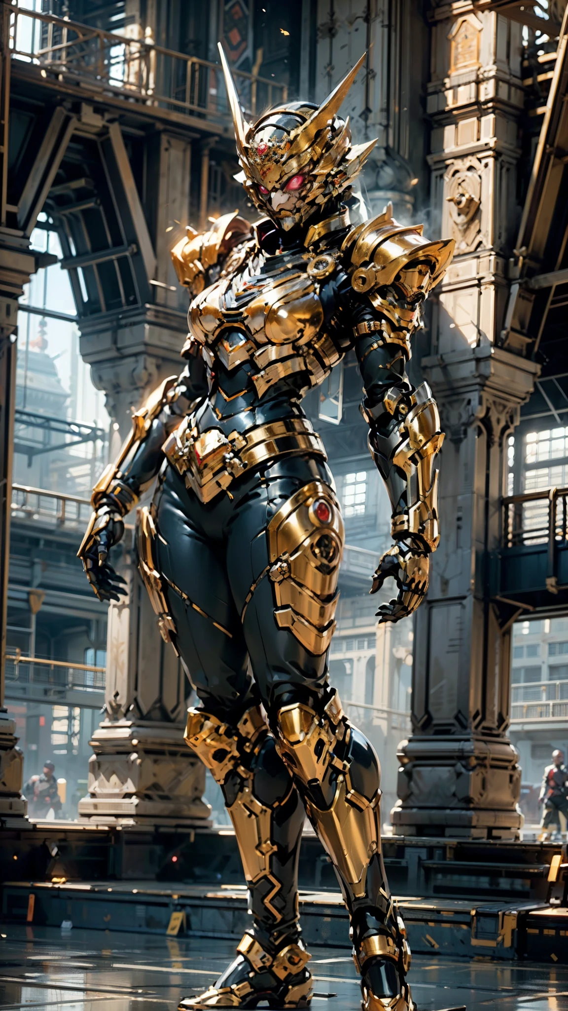 A woman adorned in fantasy-style full-body armor, a crown-concept fully enclosed helmet that unveils only her eyes, a composite layered chest plate, fully encompassing shoulder and hand guards, a lightweight waist armor, form-fitting shin guards, the overall design is heavy-duty yet flexible, (the armor gleams with a golden glow, complemented by red and blue accents), exhibiting a noble aura, she floats above a fantasy-surreal high-tech city, this character embodies a finely crafted fantasy-surreal style armored hero in anime style, exquisite and mature manga art style, (mixture of Queen bee and Spider concept Armor, plasma), ((Element, elegant, goddess, femminine:1.5)), metallic, high definition, best quality, highres, ultra-detailed, ultra-fine painting, extremely delicate, professional, anatomically correct, symmetrical face, extremely detailed eyes and face, high quality eyes, creativity, RAW photo, UHD, 32k, Natural light, cinematic lighting, masterpiece-anatomy-perfect, masterpiece:1.5