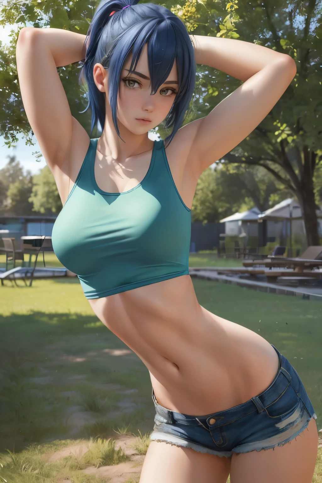 (ultra realistic, highly detailed:1.4), best quality, masterpiece girl, 18 years old, tank top and shorts, dyed hair, cute expression, ((longtorso, ltso):1.3), tall