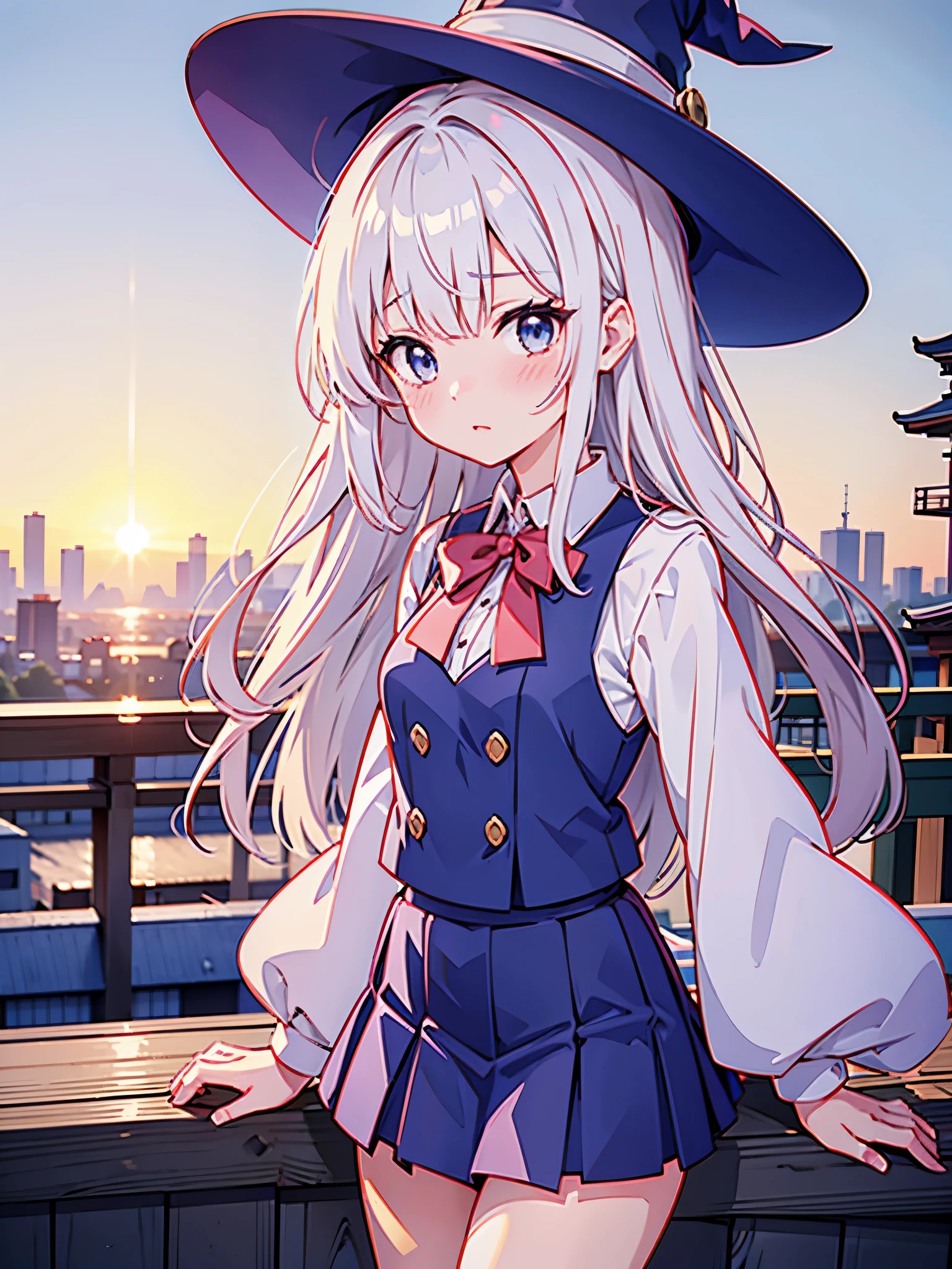 Japan 、She wears a large witch's hat with sapphire accessories、She wears her Japan high school uniform、she has white hair、I'm on the roof of a high school in Tokyo at twilight where you can see the sunset.、She is blushing and a little shy、I'm fidgeting、she wears a vest over a blouse、The skirt is navy blue and has a checkered pattern.