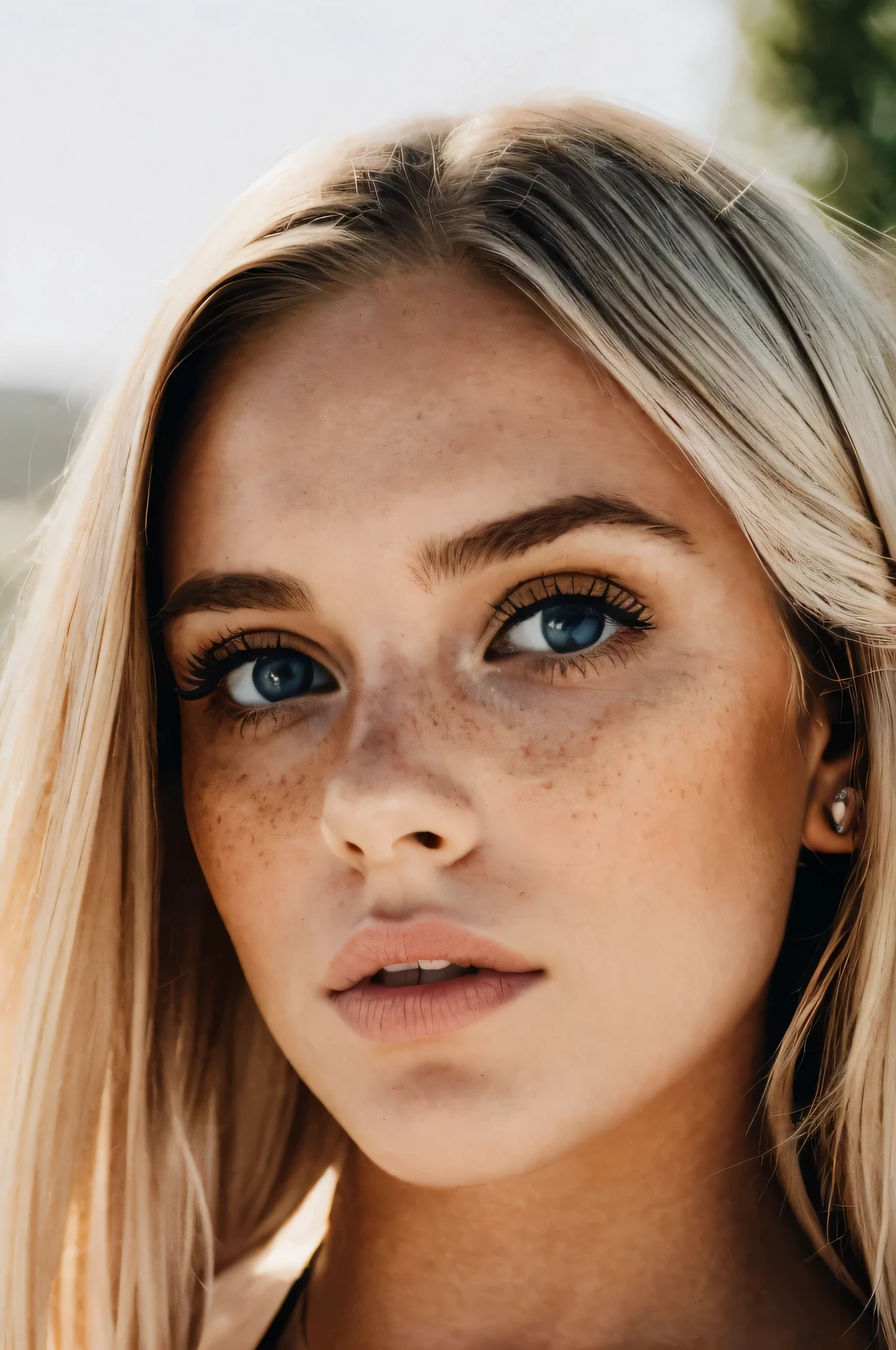 Une fille blonde, son âge atteint vingt-deux ans, portrait regardant devant l&#39;appareil photo avec un regard provocateur dans ses yeux gris. Ses longs cheveux brillent au soleil. Ses seins de taille moyenne sont recouverts par un haut court bleu. Son nez est délicatement formé et ses lèvres sont pleines et pincées., invitant le regard de la caméra. La photo est réaliste et détaillée, chaque tache de rousseur capturée en haute définition. L&#39;arrière-plan montre une chambre détaillée 