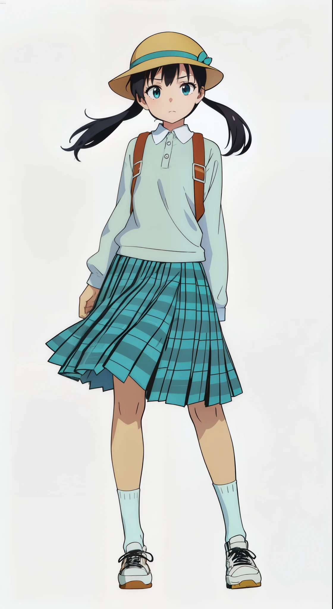 (wind:1.5), (white background:1.0), (best quality:1.0), (masterpiece:1.0), (super fine illustration:1.0), (beautiful artwork:1.0), (anime screencap:1.0), (official art:1.0), (full body:1.0), (solo:1.0), (ESGA:1.0), (a 12yo cute girl:1.0), (yellow hat:1.0), (red backpack:1.0), (long skirt:1.0), (green tartan skirt:1.0), (pleated skirt:1.0), (aqua blue polo shirt:1.0), (long sleeve polo shirt:1.0), (sneakers:1.0), (white socks:1.0), (ideal ratio body proportions:1.25), (lanky:1.25), (tall:1.25), (slender:1.25), (small breasts:1.25), (smaller face:1.25), (tareme:1.0), (detailed beautiful eyes:1.0), (detailed beautiful face:1.0), (glowing black eyes:1.0), (short hair:1.0), (low twintails:1.0), (black hair:1.0), (standing:1.0), (looking at viewer:1.0)
