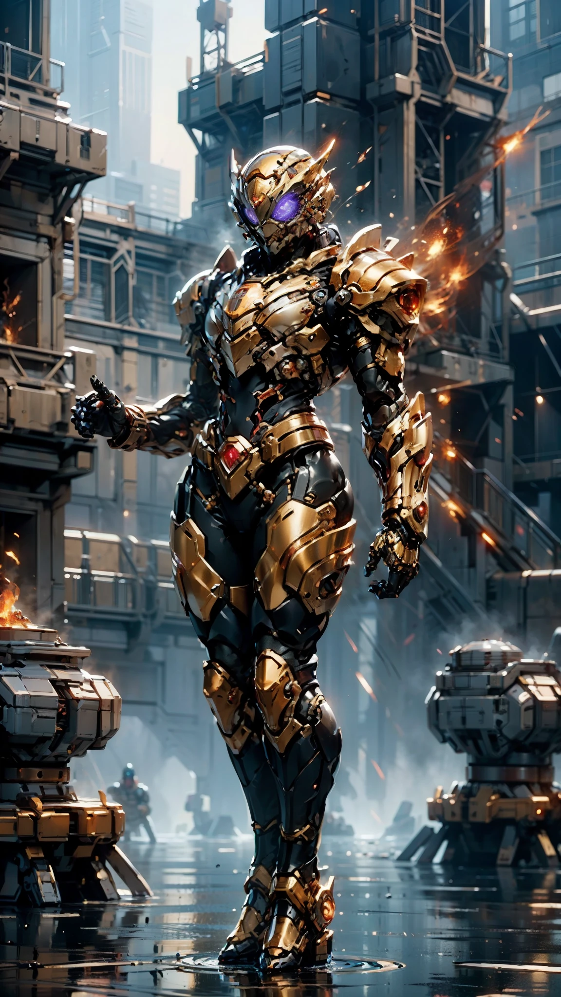 A woman adorned in fantasy-style full-body armor, a crown-concept fully enclosed helmet that unveils only her eyes, a composite layered chest plate, fully encompassing shoulder and hand guards, a lightweight waist armor, form-fitting shin guards, the overall design is heavy-duty yet flexible, (the armor gleams with a golden glow, complemented by red and blue accents), exhibiting a noble aura, she floats above a fantasy-surreal high-tech city, this character embodies a finely crafted fantasy-surreal style armored hero in anime style, exquisite and mature manga art style, (mixture of Queen bee and Spider concept Armor, plasma), ((Element, elegant, goddess, femminine:1.5)), metallic, high definition, best quality, highres, ultra-detailed, ultra-fine painting, extremely delicate, professional, anatomically correct, symmetrical face, extremely detailed eyes and face, high quality eyes, creativity, RAW photo, UHD, 32k, Natural light, cinematic lighting, masterpiece-anatomy-perfect, masterpiece:1.5