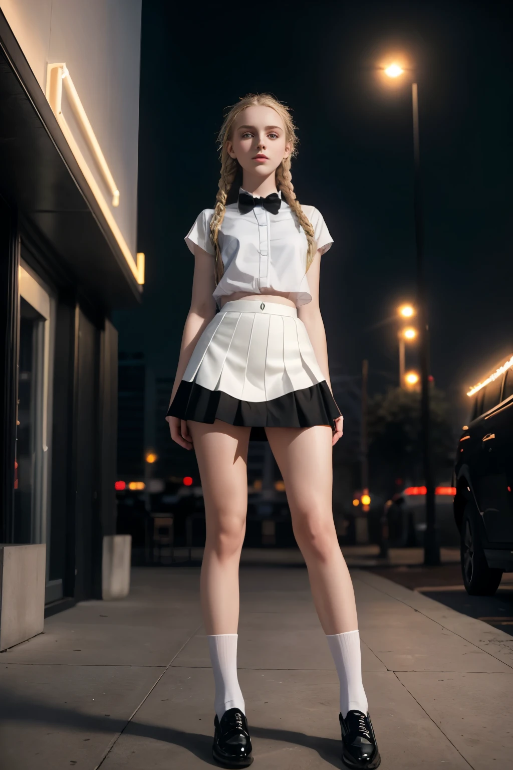 masterpiece, best quality, hyperrealistic, cinematic photo, 14 year old girl, pale skin, Americn amazing slim body, white blouse, black mini-skirt, Black stockings, Black school shoes, long blonde braids, perfect thick legs, wide hips, perfect hands, beautiful face, perfect face, youthful, (blured background), modern style, from below, (low-angle shoot), low_angle_human, towering, (full body shot), standing, underneath shot, (view viewer), looking at viewer,(8k, epic composition, photorealistic, sharp focus), sophisticated background, Outside of an old hotel, night illumination, night, neon lights, DSLR, foil grain, backlight