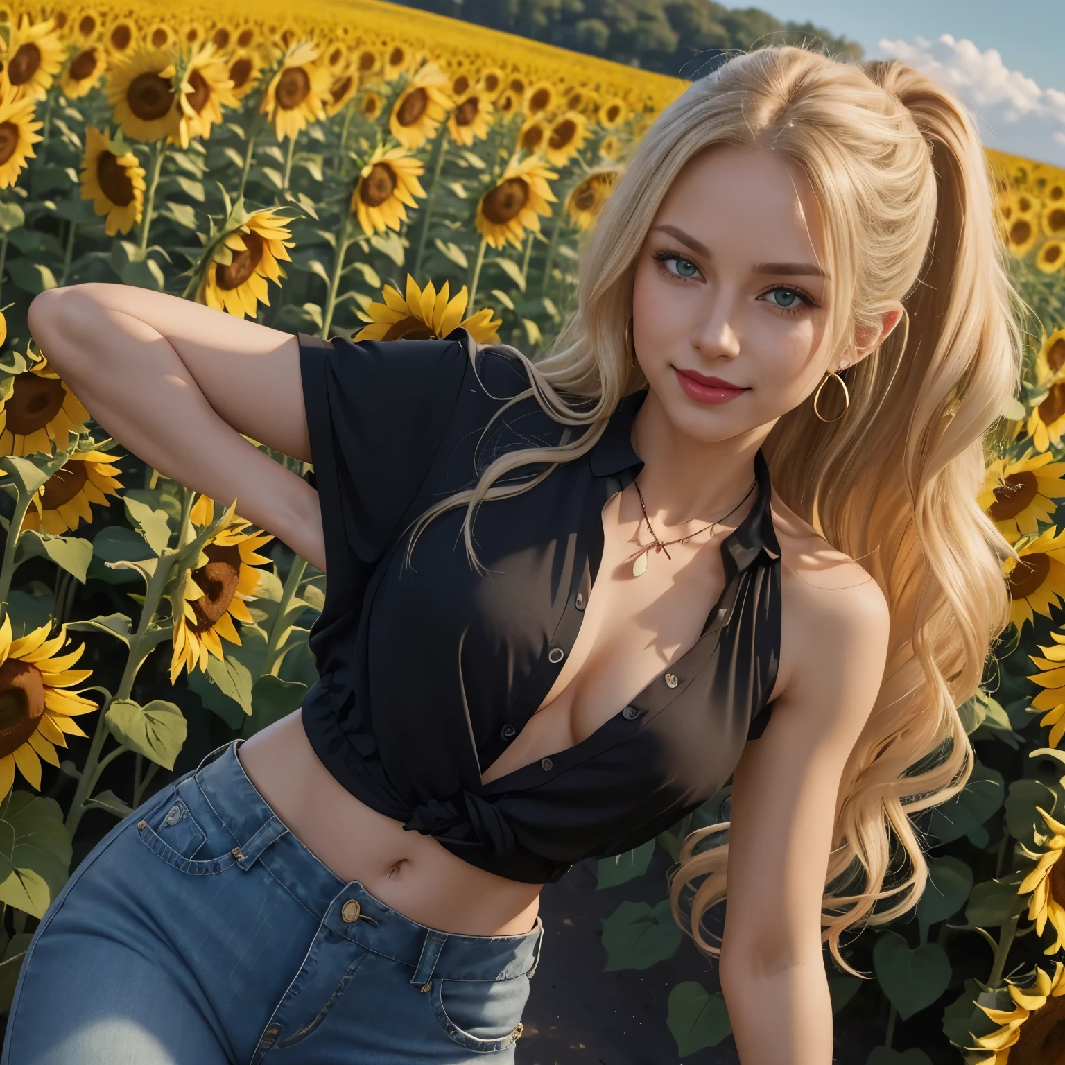 Caucasian woman, blonde hair, wavy hair, long hair, ponytail hair, green eyes, lined eyes, red lipstick, smile, athletic body, (((small breasts))), nipples, (((casual blouse))), low-cut blouse, jeans, earrings, necklace, in the background you can see a huge field of sunflowers, Frontal shot from top to bottom.