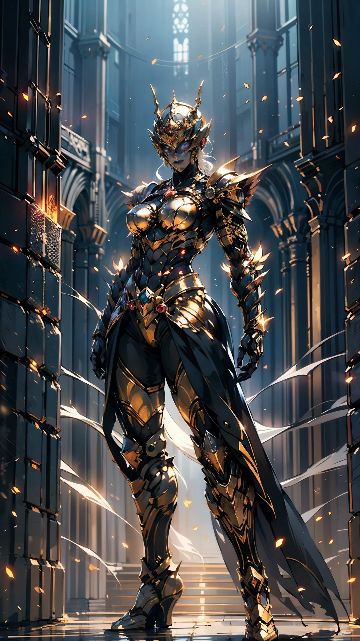 A woman adorned in fantasy-style full-body armor, a crown-concept fully enclosed helmet that unveils only her eyes, a composite layered chest plate, fully encompassing shoulder and hand guards, a lightweight waist armor, form-fitting shin guards, the overall design is heavy-duty yet flexible, (the armor gleams with a golden glow, complemented by red and blue accents), exhibiting a noble aura, she floats above a fantasy-surreal high-tech city, this character embodies a finely crafted fantasy-surreal style armored hero in anime style, exquisite and mature manga art style, (mixture of Queen bee and Spider concept Armor, plasma), ((Element, elegant, goddess, femminine:1.5)), metallic, high definition, best quality, highres, ultra-detailed, ultra-fine painting, extremely delicate, professional, anatomically correct, symmetrical face, extremely detailed eyes and face, high quality eyes, creativity, RAW photo, UHD, 32k, Natural light, cinematic lighting, masterpiece-anatomy-perfect, masterpiece:1.5