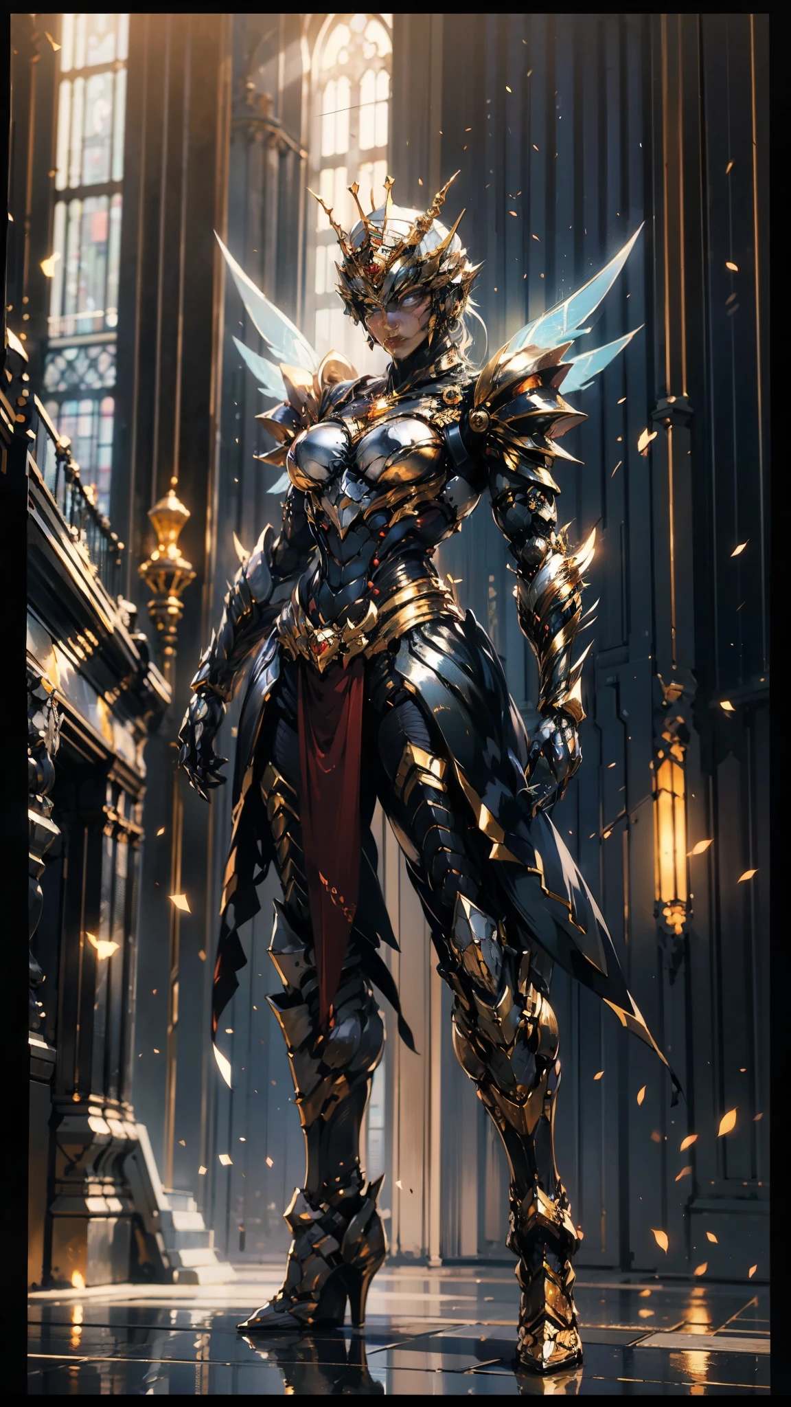 A woman adorned in fantasy-style full-body armor, a crown-concept fully enclosed helmet that unveils only her eyes, a composite layered chest plate, fully encompassing shoulder and hand guards, a lightweight waist armor, form-fitting shin guards, the overall design is heavy-duty yet flexible, (the armor gleams with a golden glow, complemented by red and blue accents), exhibiting a noble aura, she floats above a fantasy-surreal high-tech city, this character embodies a finely crafted fantasy-surreal style armored hero in anime style, exquisite and mature manga art style, (mixture of Queen bee and Spider concept Armor, plasma), ((Element, elegant, goddess, femminine:1.5)), metallic, high definition, best quality, highres, ultra-detailed, ultra-fine painting, extremely delicate, professional, anatomically correct, symmetrical face, extremely detailed eyes and face, high quality eyes, creativity, RAW photo, UHD, 32k, Natural light, cinematic lighting, masterpiece-anatomy-perfect, masterpiece:1.5