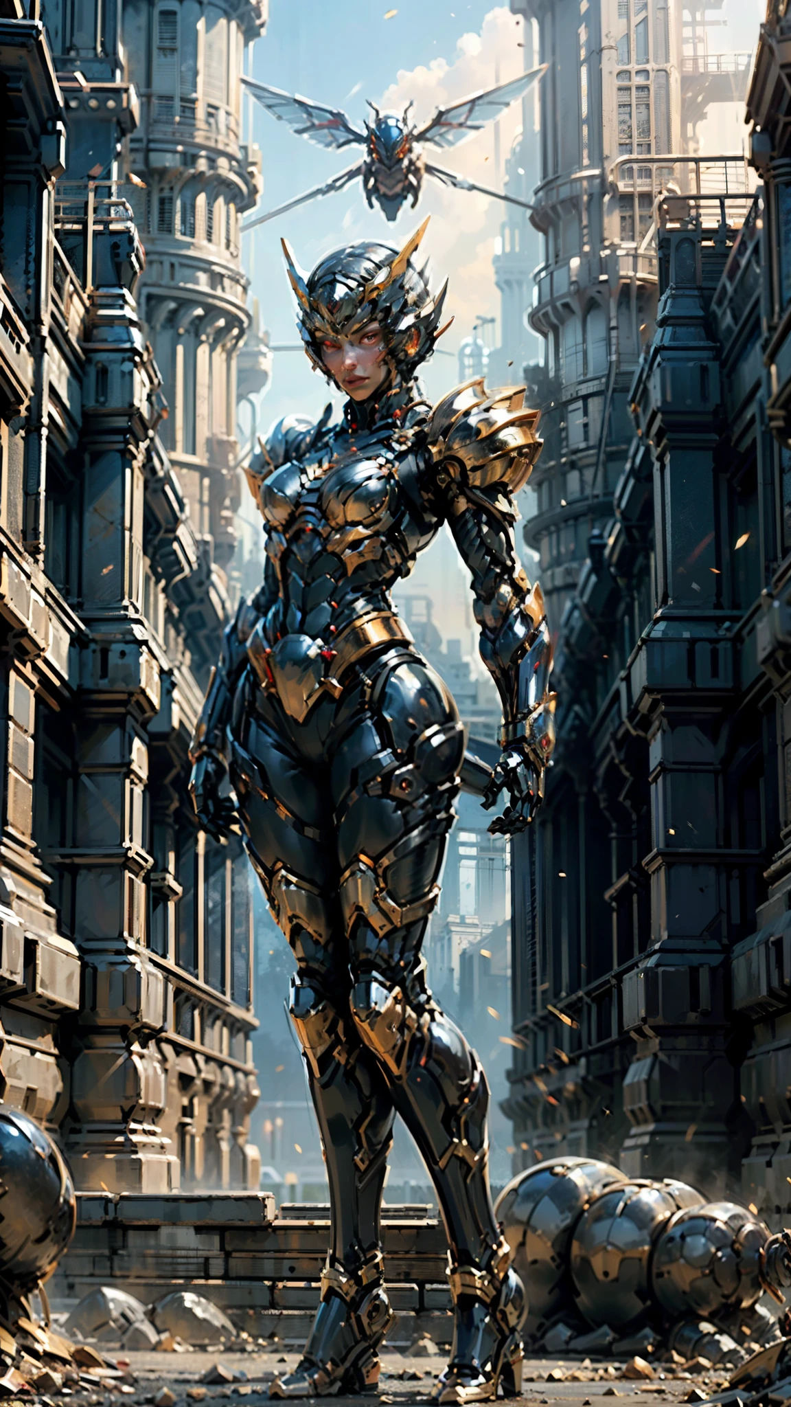A woman adorned in fantasy-style full-body armor, a crown-concept fully enclosed helmet that unveils only her eyes, a composite layered chest plate, fully encompassing shoulder and hand guards, a lightweight waist armor, form-fitting shin guards, the overall design is heavy-duty yet flexible, (the armor gleams with a golden glow, complemented by red and blue accents), exhibiting a noble aura, she floats above a fantasy-surreal high-tech city, this character embodies a finely crafted fantasy-surreal style armored hero in anime style, exquisite and mature manga art style, (mixture of Queen bee and Spider concept Armor, plasma), ((Element, elegant, goddess, femminine:1.5)), metallic, high definition, best quality, highres, ultra-detailed, ultra-fine painting, extremely delicate, professional, anatomically correct, symmetrical face, extremely detailed eyes and face, high quality eyes, creativity, RAW photo, UHD, 32k, Natural light, cinematic lighting, masterpiece-anatomy-perfect, masterpiece:1.5