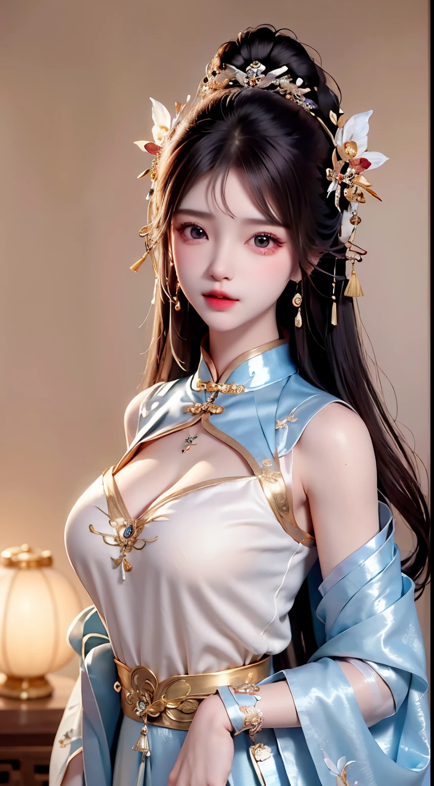 teen girl 14 yeard old,Ancient costumes with many phoenix motifs,Flawless white and pink face,Ornaments on the head,Black hair waist-length,very beautiful and sharp brown eyes,Small red lips,Colored lips,Enchanted smile,Jewelry worn around the neck,耳Nipple Ring,White uniform teeth,tall nose bridge,big round breasts, slenderlegs,thin mesh black socks,sportrait,most realistic,HighestQuali,best pixels,8K Ultra,high detal,8K分辨率,超高分辨率,A young girl, a cute girl,short detailed hair,hair-bun,lipsticks,Tassel earrings,choker necklace,Black clear eyes,Smooth hair,鎖骨,Delicate and perfect facial features, the most beautiful big eyes,Long eyelashes,The eyes are sweet and there are lying silkworms,dynamic angle,extreme picture quality,Highest precision,Precise and perfect human anatomy,(((Professional Dress,Slim Republic of China cheongsam,Crimson gold embroidery))),((sitted)),Warm scene,超高分辨率,Ultra-clear Chinese antique style black flowing hair with a delicate bun)By bangs,(Long flowing hair,With a bun:1.3)), open V-chested clothes royal, Wet body of thin silk fabric, Thin silk lace dress, (huge ,cleavage),, white pink, blue ,best qualtiy,tmasterpiece,超高分辨率,(真实感:1.4),RAW photogr,(True skin texture:1.3),(filmgrain:1.3),(Selfie angle),1个Giant Breast Girl,Beautiful eye and face details,tmasterpiece,Best quality at best,,The chest more exposed, detailed hair, bra pink , detail 8k, upper body,,Delicate collarbones,beautiful make up,Exquisite and perfect facial features,,Big watery eyes,Lying silkworm,Long eyelashes,The eyes are sweet and have eye shadow,Slim waist,Do not show your hands,,lipsticks,Blushlush,Delicate earring earrings