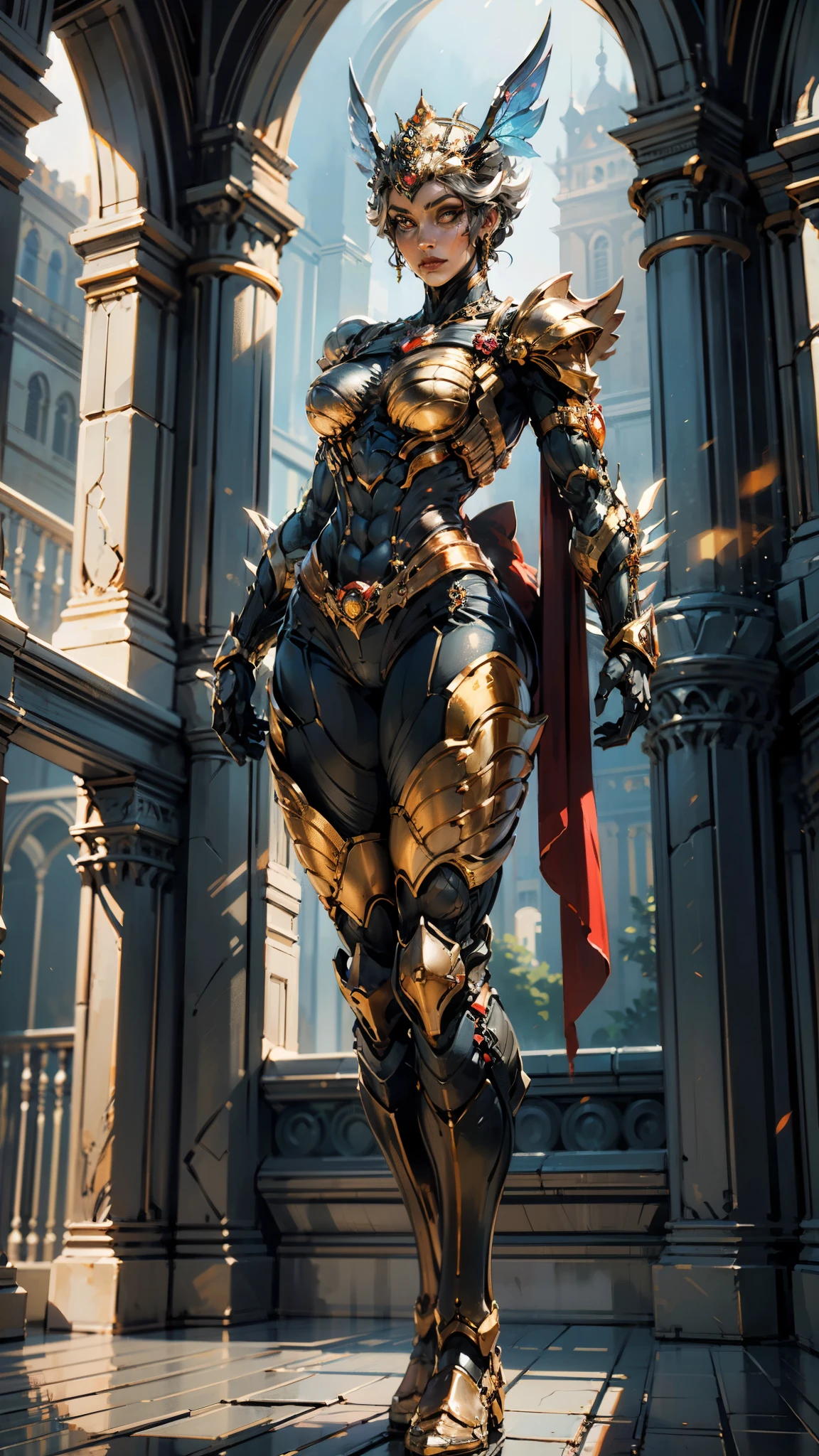 A woman adorned in fantasy-style full-body armor, a crown-concept fully enclosed helmet that unveils only her eyes, a composite layered chest plate, fully encompassing shoulder and hand guards, a lightweight waist armor, form-fitting shin guards, the overall design is heavy-duty yet flexible, (the armor gleams with a golden glow, complemented by red and blue accents), exhibiting a noble aura, she floats above a fantasy-surreal high-tech city, this character embodies a finely crafted fantasy-surreal style armored hero in anime style, exquisite and mature manga art style, (mixture of Queen bee and Spider concept Armor, plasma), ((Element, elegant, goddess, femminine:1.5)), metallic, high definition, best quality, highres, ultra-detailed, ultra-fine painting, extremely delicate, professional, anatomically correct, symmetrical face, extremely detailed eyes and face, high quality eyes, creativity, RAW photo, UHD, 32k, Natural light, cinematic lighting, masterpiece-anatomy-perfect, masterpiece:1.5