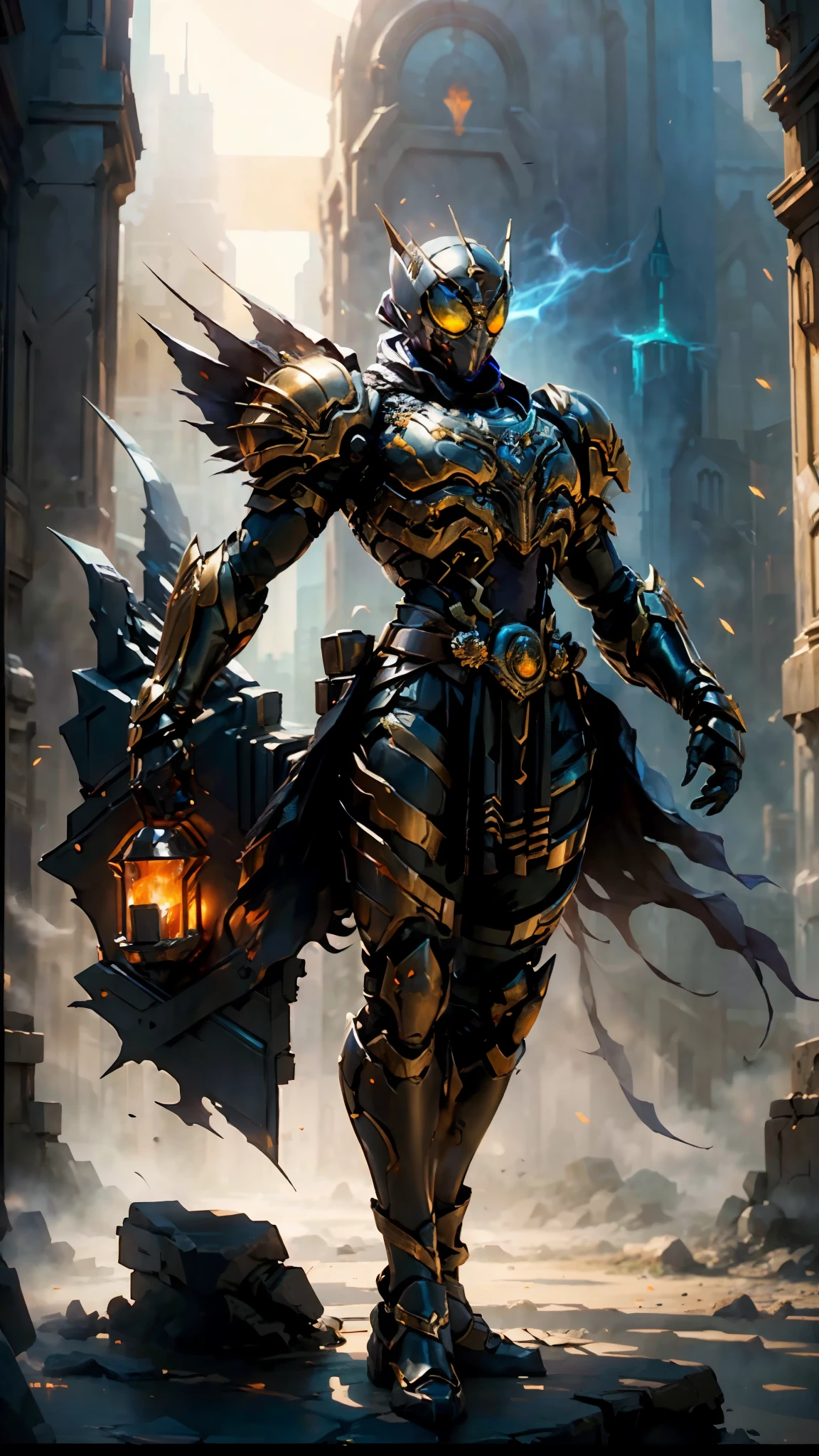 A woman adorned in fantasy-style full-body armor, a crown-concept fully enclosed helmet that unveils only her eyes, a composite layered chest plate, fully encompassing shoulder and hand guards, a lightweight waist armor, form-fitting shin guards, the overall design is heavy-duty yet flexible, (the armor gleams with a golden glow, complemented by red and blue accents), exhibiting a noble aura, she floats above a fantasy-surreal high-tech city, this character embodies a finely crafted fantasy-surreal style armored hero in anime style, exquisite and mature manga art style, (mixture of Queen bee and Spider concept Armor, plasma), ((Element, elegant, goddess, femminine:1.5)), metallic, high definition, best quality, highres, ultra-detailed, ultra-fine painting, extremely delicate, professional, anatomically correct, symmetrical face, extremely detailed eyes and face, high quality eyes, creativity, RAW photo, UHD, 32k, Natural light, cinematic lighting, masterpiece-anatomy-perfect, masterpiece:1.5