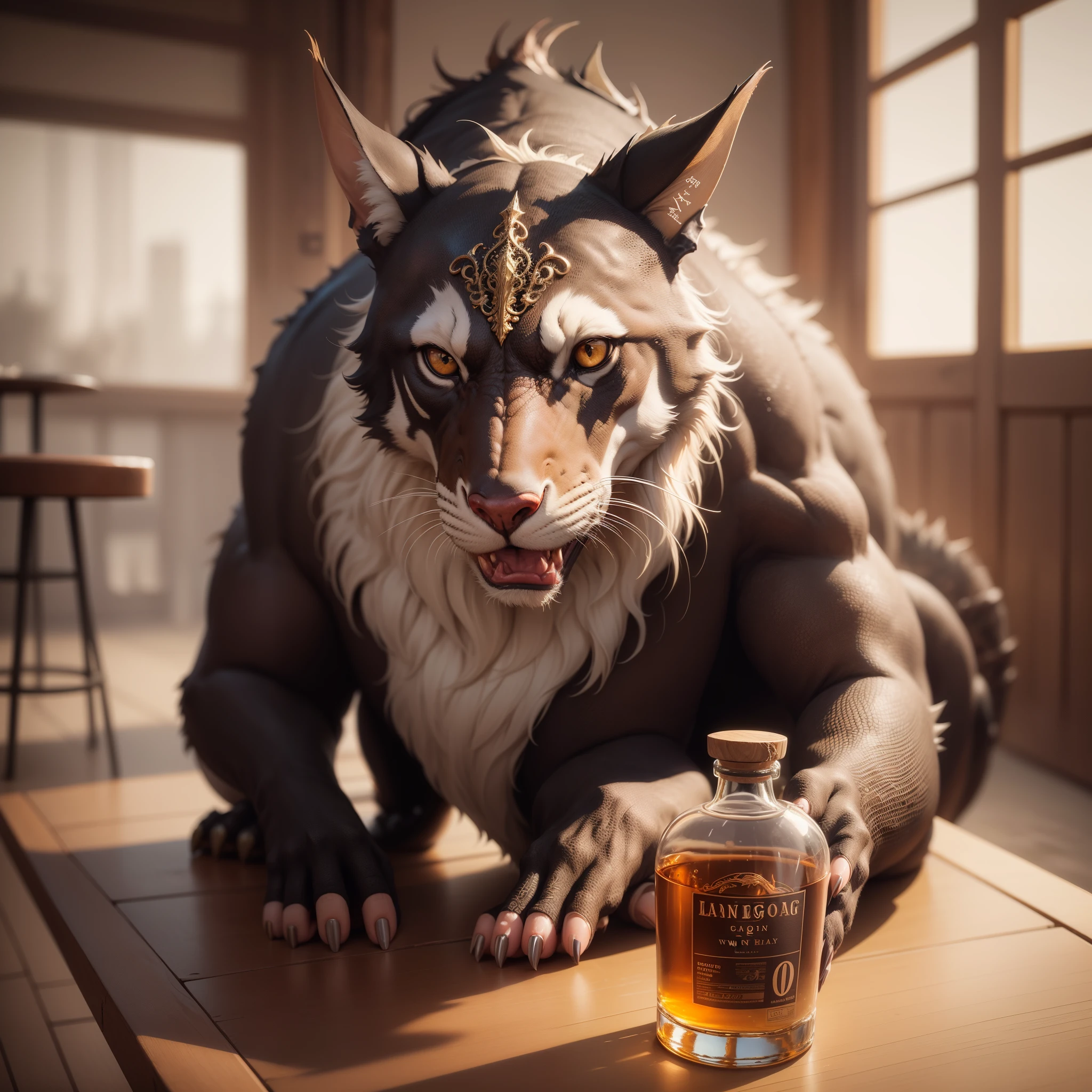 a close up of a bottle of whisky with a dragon on it, very fancy whiskey bottle, fancy whiskey bottle, ultra - detailed and intricate, ultra - realistic and intricate, stunning and rich detail, inspired by Li Kan, dragon art, ultra - realistic and detailed, dragon design language, smaug, highly-detailed and intricate, intricate and finely detailed