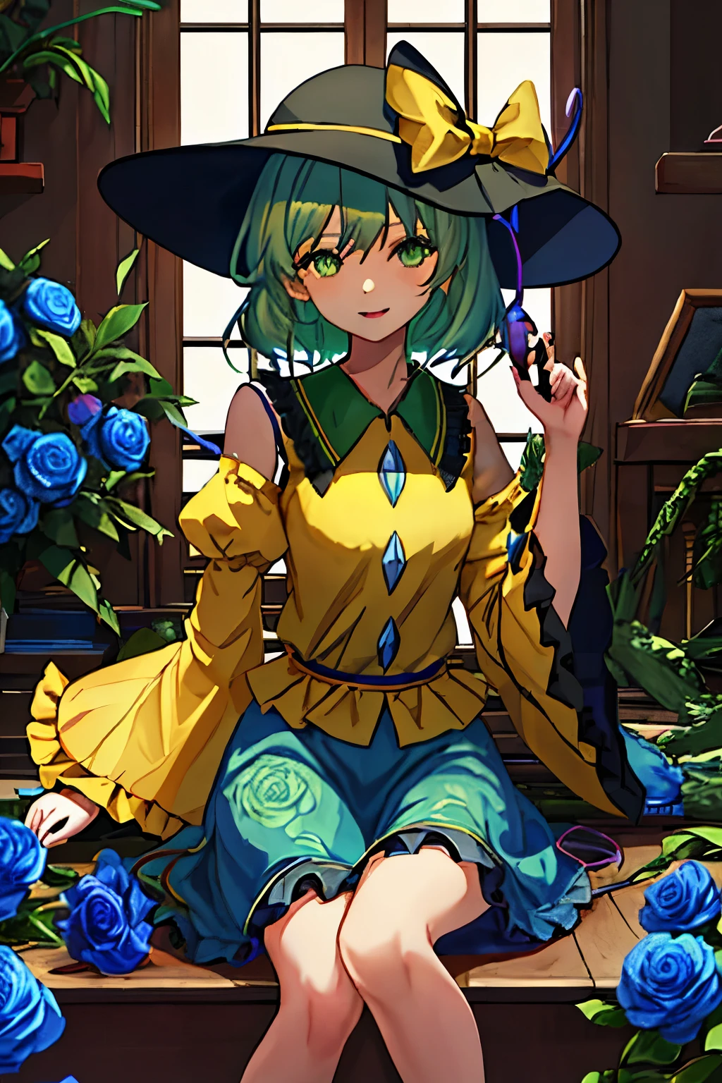 best quality, masterpiece, highres, solo, {komeiji_koishi_touhou:1.15}, third_eye, hat, green_eyes, black_headwear, short_hair, green_hair, ribbon, smile, bow, upper_body, heart, bangs, hat_ribbon, hat_bow, hair_between_eyes, 1girl, blue_flower, blue_rose, flower, frills, holding, looking_at_viewer, rose, shirt, yellow_shirt, frilled_shirt_collar, frilled_sleeves, yellow_bow, long_sleeves, wide_sleeves, blouse, hands_up, parted_lips, gigantic breasts