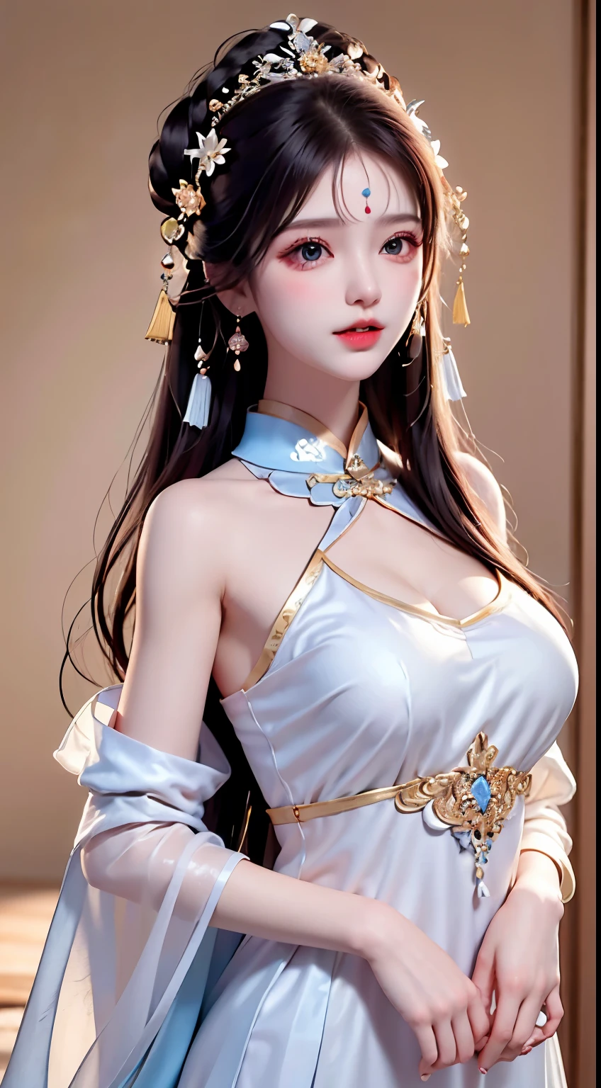 ，Ancient costumes with many phoenix motifs，Flawless white and pink face，Ornaments on the head，Black hair waist-length，very beautiful and sharp brown eyes，Small red lips，Colored lips，Enchanted smile，Jewelry worn around the neck，耳Nipple Ring，White uniform teeth，tall nose bridge，big round breasts， slenderlegs，thin mesh black socks，sportrait，most realistic，HighestQuali，best pixels，8K Ultra，high detal,8K分辨率,超高分辨率,A young girl, a cute girl，short detailed hair，hair-bun，lipsticks，Tassel earrings，choker necklace，Black clear eyes，Smooth hair,鎖骨,Delicate and perfect facial features, the most beautiful big eyes,Long eyelashes,The eyes are sweet and there are lying silkworms，dynamic angle,extreme picture quality,Highest precision,Precise and perfect human anatomy，(((Professional Dress，Slim Republic of China cheongsam，Crimson gold embroidery)))，((sitted))，Warm scene，超高分辨率，Ultra-clear Chinese antique style black flowing hair with a delicate bun）By bangs，（Long flowing hair，With a bun:1.3））, open V-chested clothes royal, Wet body of thin silk fabric, Thin silk lace dress, (huge ，cleavage),, white pink, blue ，best qualtiy，tmasterpiece，超高分辨率，（真实感：1.4），RAW photogr，（True skin texture：1.3），（filmgrain：1.3），（Selfie angle），1个Giant Breast Girl，Beautiful eye and face details，tmasterpiece，Best quality at best，，The chest more exposed， detailed hair, bra pink , detail 8k, upper body,，Delicate collarbones，beautiful make up，Exquisite and perfect facial features，，Big watery eyes，Lying silkworm，Long eyelashes，The eyes are sweet and have eye shadow，Slim waist，Do not show your hands，，lipsticks，Blushlush，Delicate earring earrings