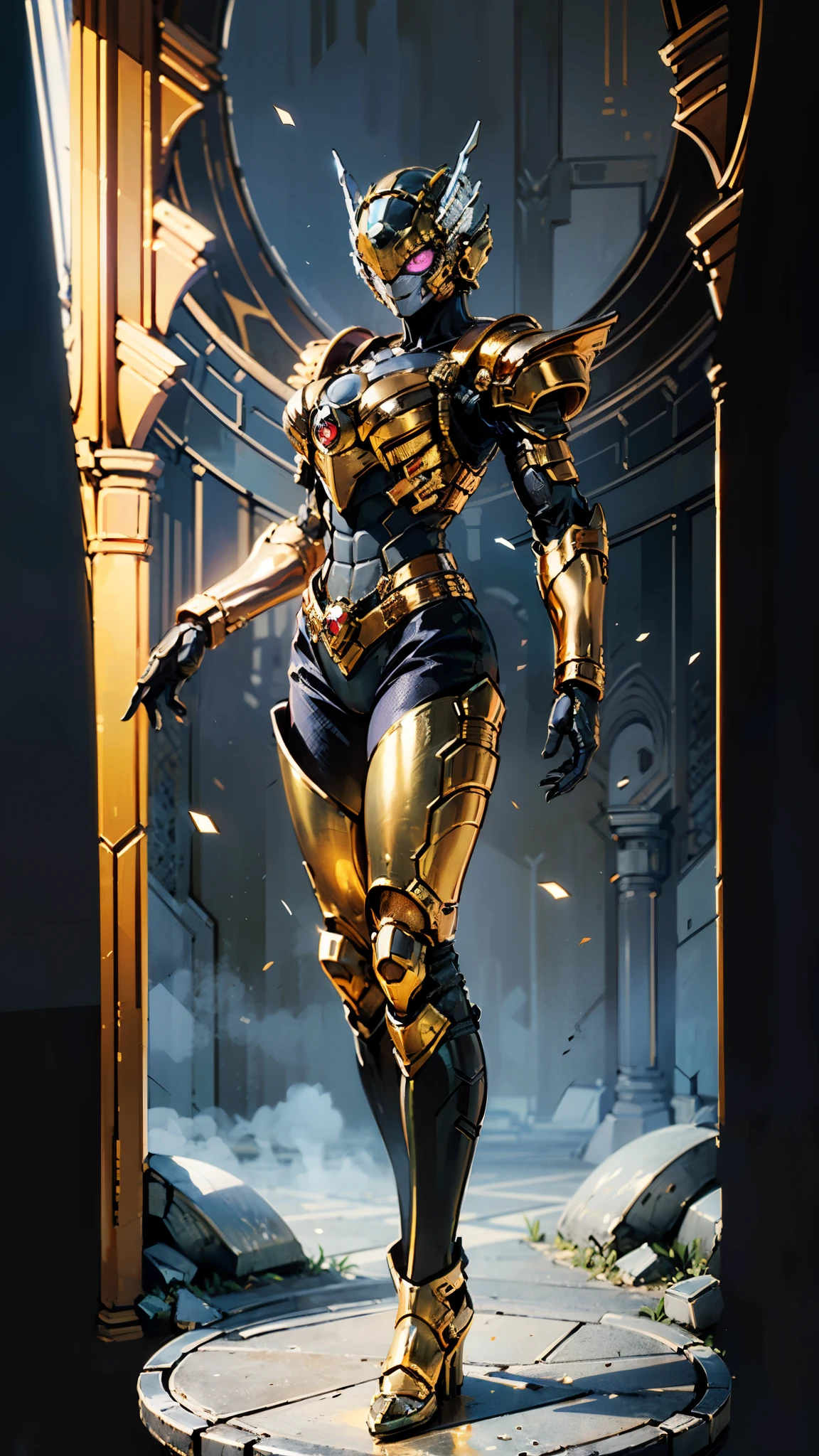 A woman adorned in fantasy-style full-body armor, a crown-concept fully enclosed helmet that unveils only her eyes, a composite layered chest plate, fully encompassing shoulder and hand guards, a lightweight waist armor, form-fitting shin guards, the overall design is heavy-duty yet flexible, (the armor gleams with a golden glow, complemented by red and blue accents), exhibiting a noble aura, she floats above a fantasy-surreal high-tech city, this character embodies a finely crafted fantasy-surreal style armored hero in anime style, exquisite and mature manga art style, (mixture of Queen bee and Spider concept Armor, plasma), ((Element, elegant, goddess, femminine:1.5)), metallic, high definition, best quality, highres, ultra-detailed, ultra-fine painting, extremely delicate, professional, anatomically correct, symmetrical face, extremely detailed eyes and face, high quality eyes, creativity, RAW photo, UHD, 32k, Natural light, cinematic lighting, masterpiece-anatomy-perfect, masterpiece:1.5