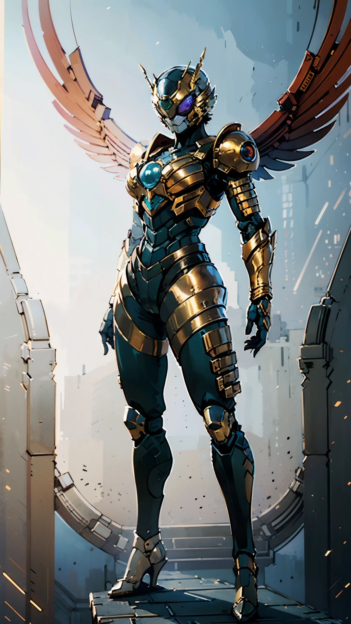 A woman adorned in fantasy-style full-body armor, a crown-concept fully enclosed helmet that unveils only her eyes, a composite layered chest plate, fully encompassing shoulder and hand guards, a lightweight waist armor, form-fitting shin guards, the overall design is heavy-duty yet flexible, (the armor gleams with a golden glow, complemented by red and blue accents), exhibiting a noble aura, she floats above a fantasy-surreal high-tech city, this character embodies a finely crafted fantasy-surreal style armored hero in anime style, exquisite and mature manga art style, (mixture of Queen bee and Spider concept Armor, plasma), ((Element, elegant, goddess, femminine:1.5)), metallic, high definition, best quality, highres, ultra-detailed, ultra-fine painting, extremely delicate, professional, anatomically correct, symmetrical face, extremely detailed eyes and face, high quality eyes, creativity, RAW photo, UHD, 32k, Natural light, cinematic lighting, masterpiece-anatomy-perfect, masterpiece:1.5